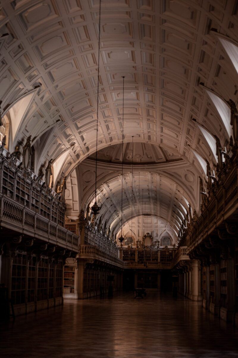 A library with a wooden floor and high ceilings. - Dark academia, architecture