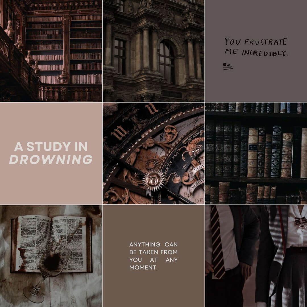 A collage of photos of a library, books, and a clock. - Dark academia