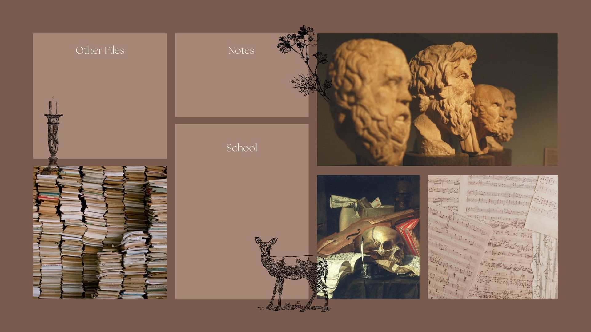 A collage of images including books, a deer, a violin, and classical busts. - Dark academia