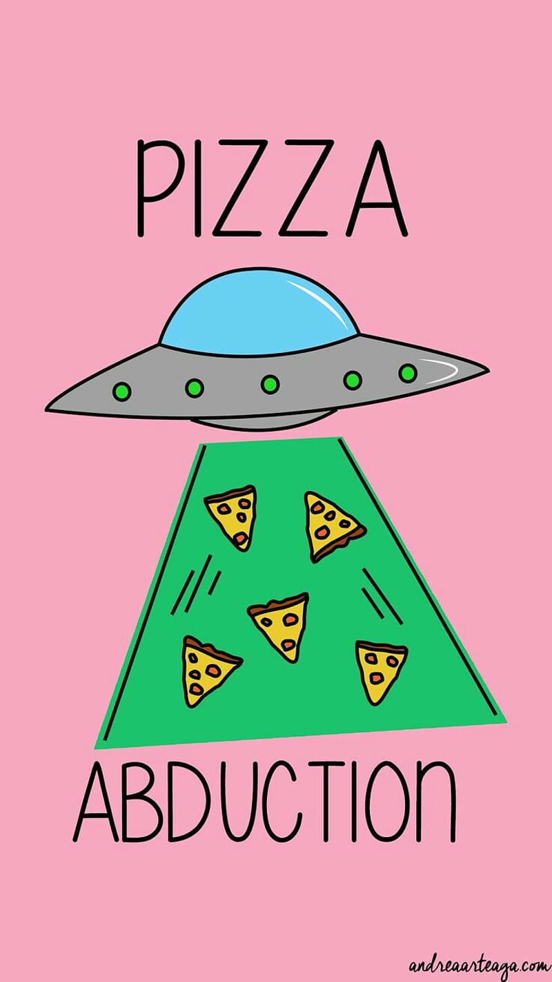 A pizza abduction illustration with a flying saucer and slices of pizza - Pizza