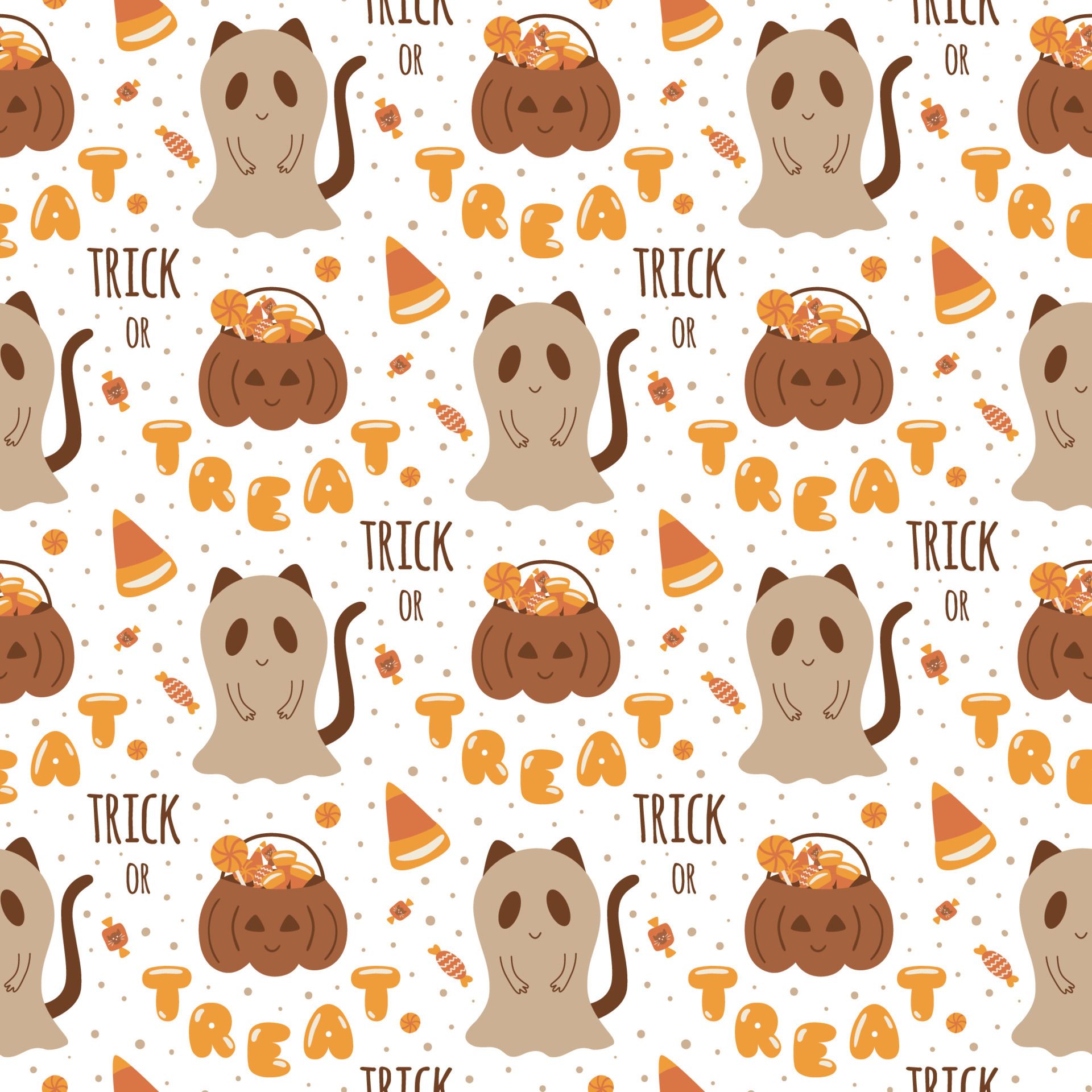 Halloween cat dressed in a ghost costume. Trick or treat halloween seamless pattern. Halloween party. Cute childish illustration texture, fabric, wrapping paper, textile, wallpaper. Vector background