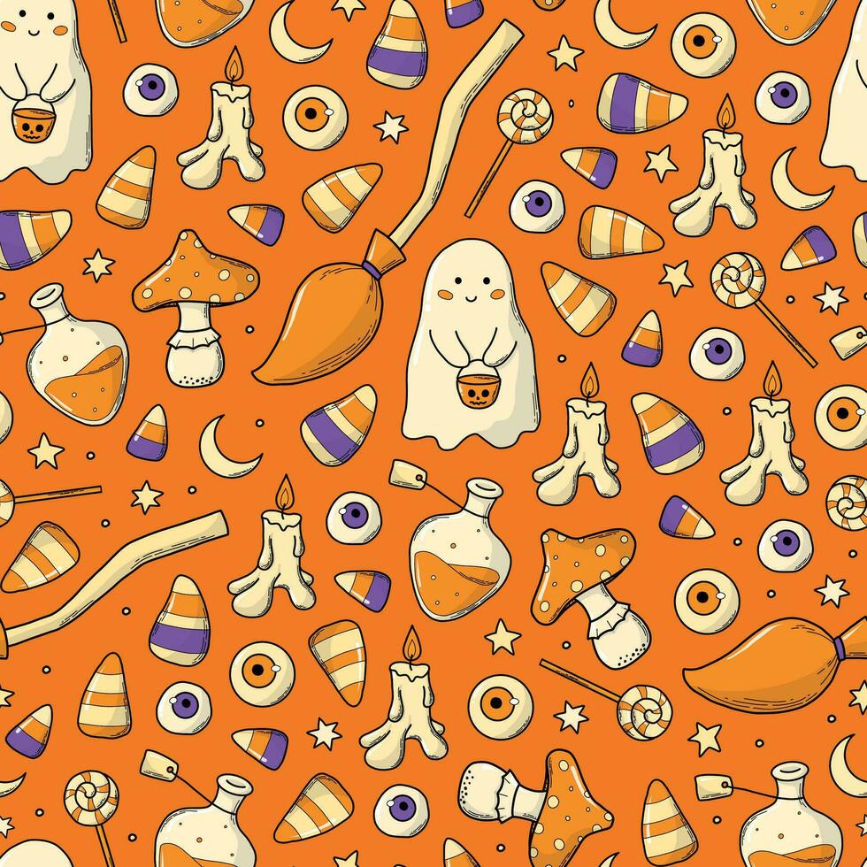 Halloween doodles seamless pattern on orange background for wallpaper, textile prints, nursery decor, scrapbooking, wrapping paper, etc. EPS 10