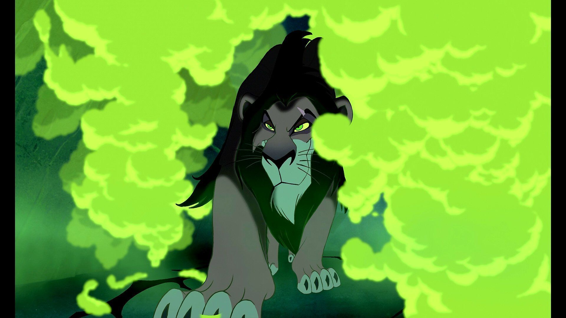 Scar with his eyes glowing green in the movie The Lion King - The Lion King
