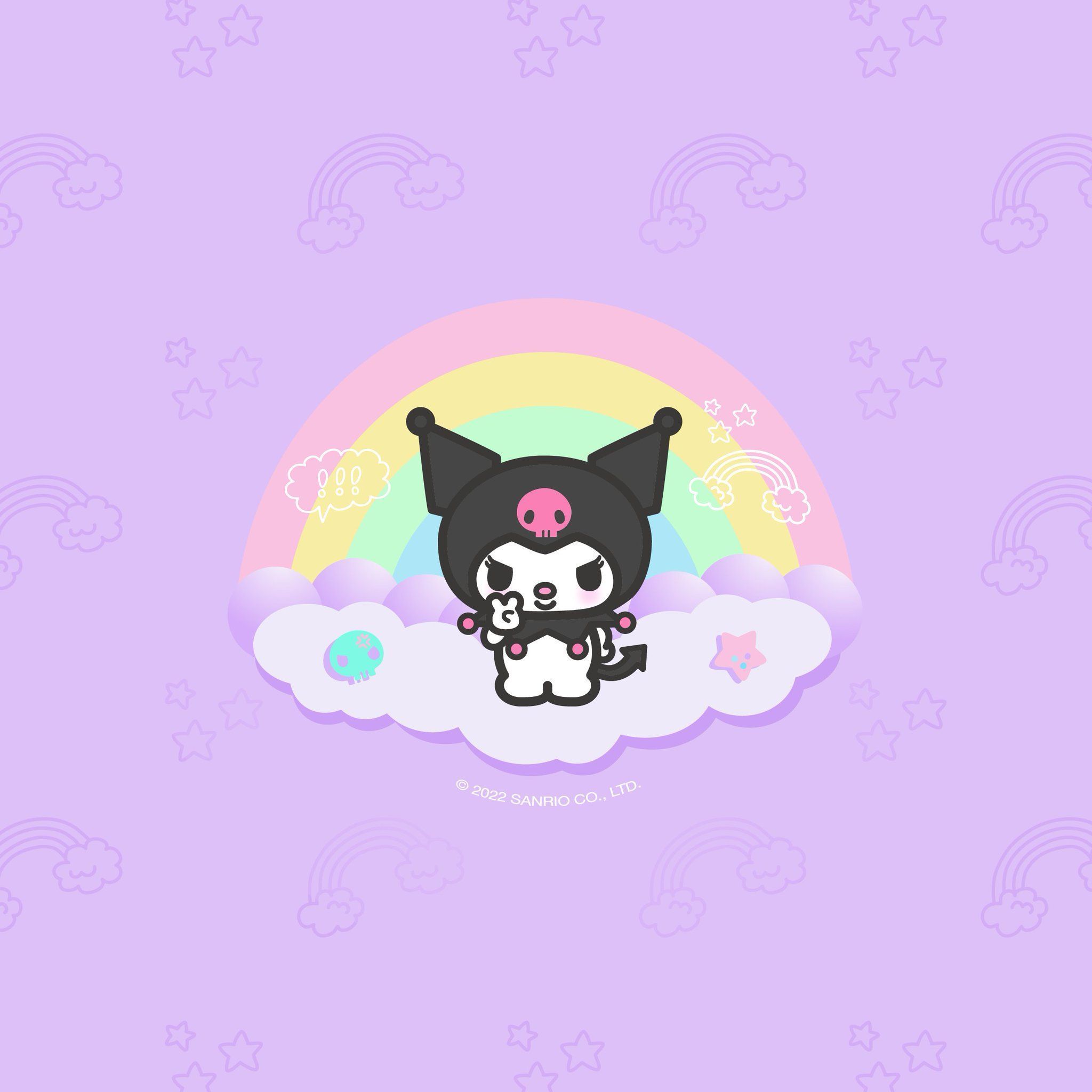 Kuromi sitting on a cloud with a rainbow behind her - Sanrio, My Melody, Kuromi
