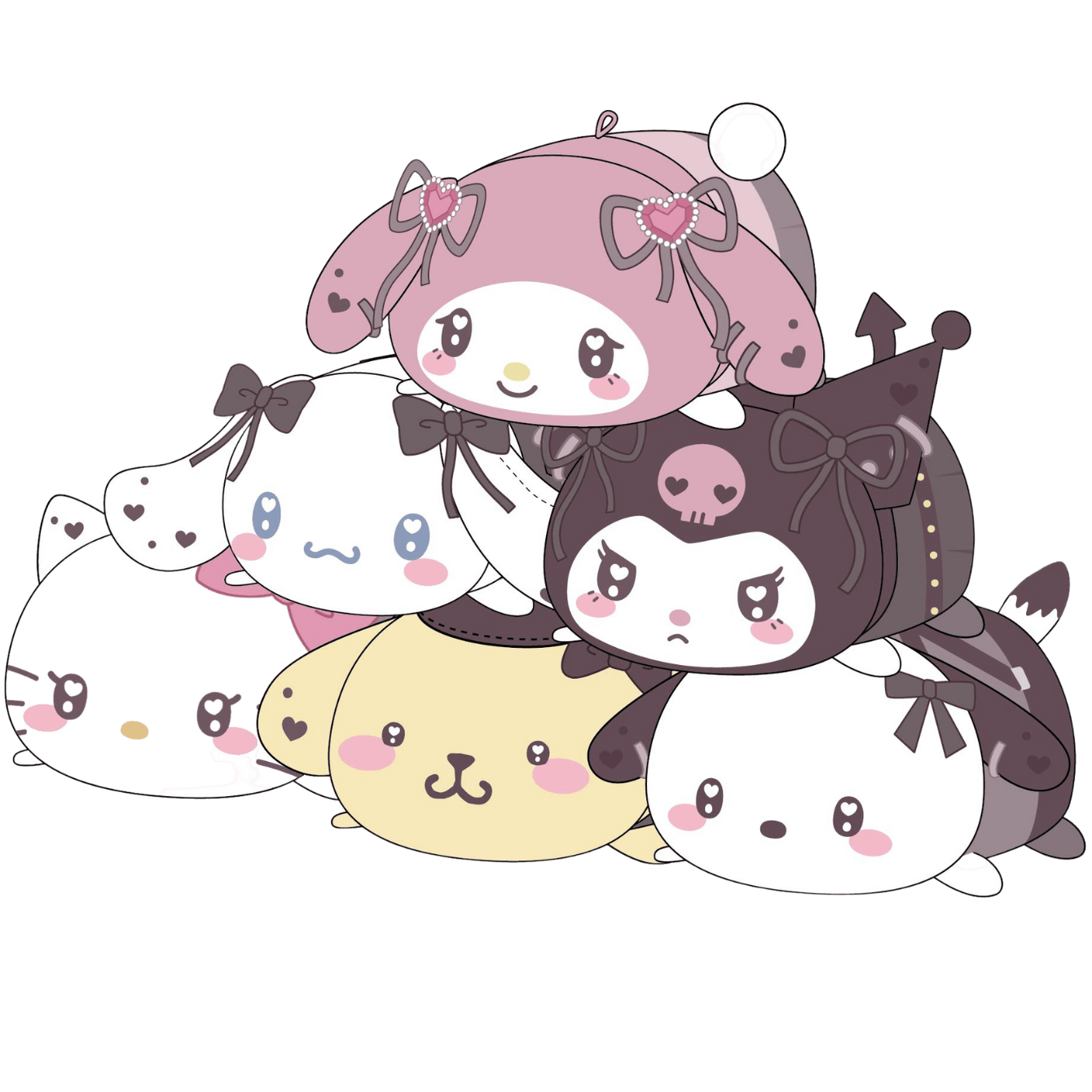 A group of kawaii cats on a green background - Sanrio, kawaii