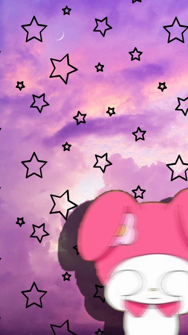 Aesthetic wallpaper for phone with cute pink anime character against a purple sky with stars - Sanrio, My Melody