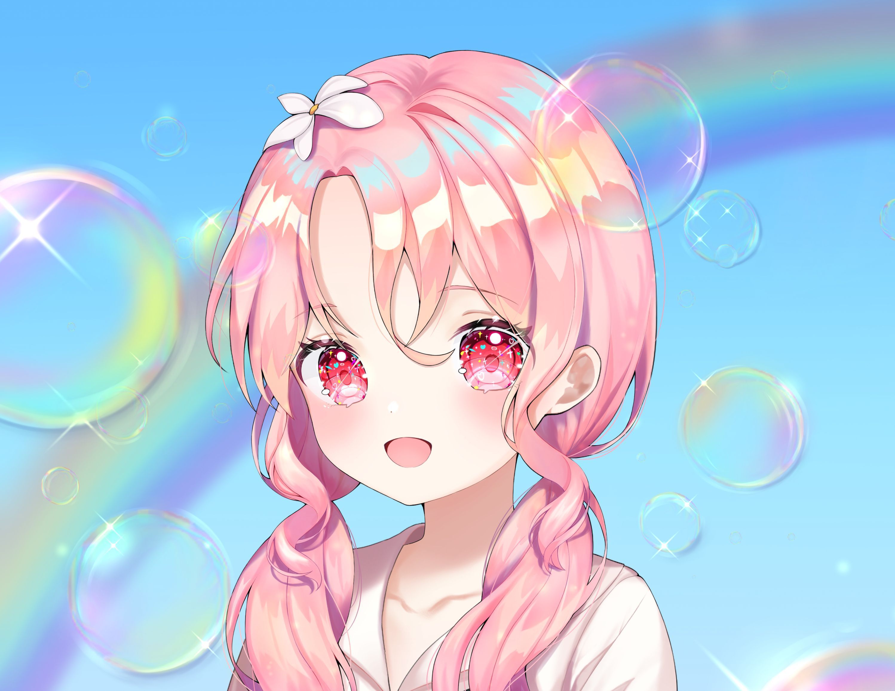 An anime girl with pink hair and red eyes stands in front of a rainbow and soap bubbles. - My Melody
