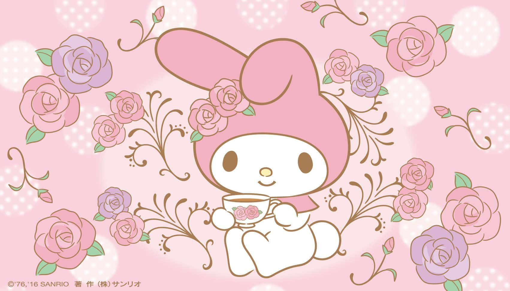 My Melody holding a cup of tea surrounded by roses. - My Melody