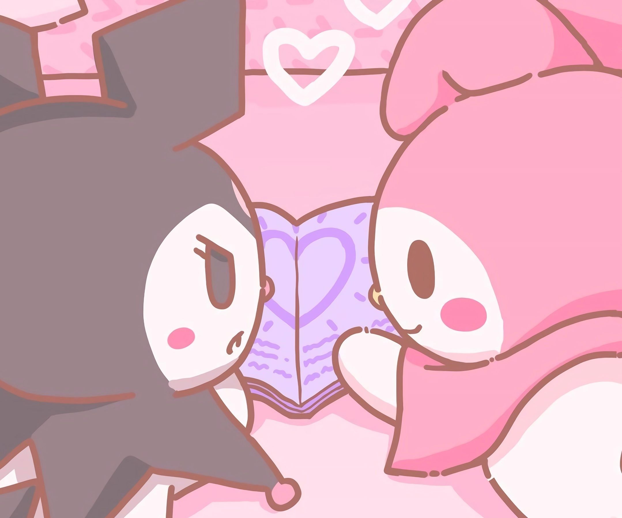 A wallpaper of a pink and white cat reading a book with a purple heart on the cover. - My Melody