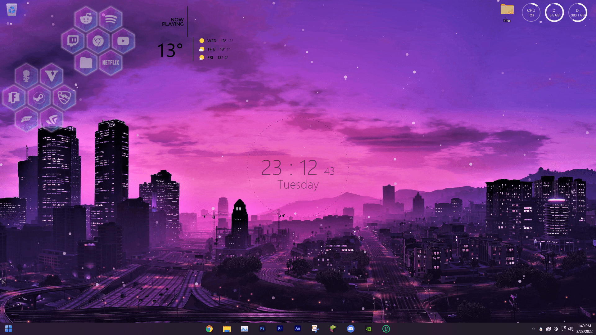 A purple and pink cityscape with a digital clock showing the date as Tuesday, the 23rd. - Windows 11