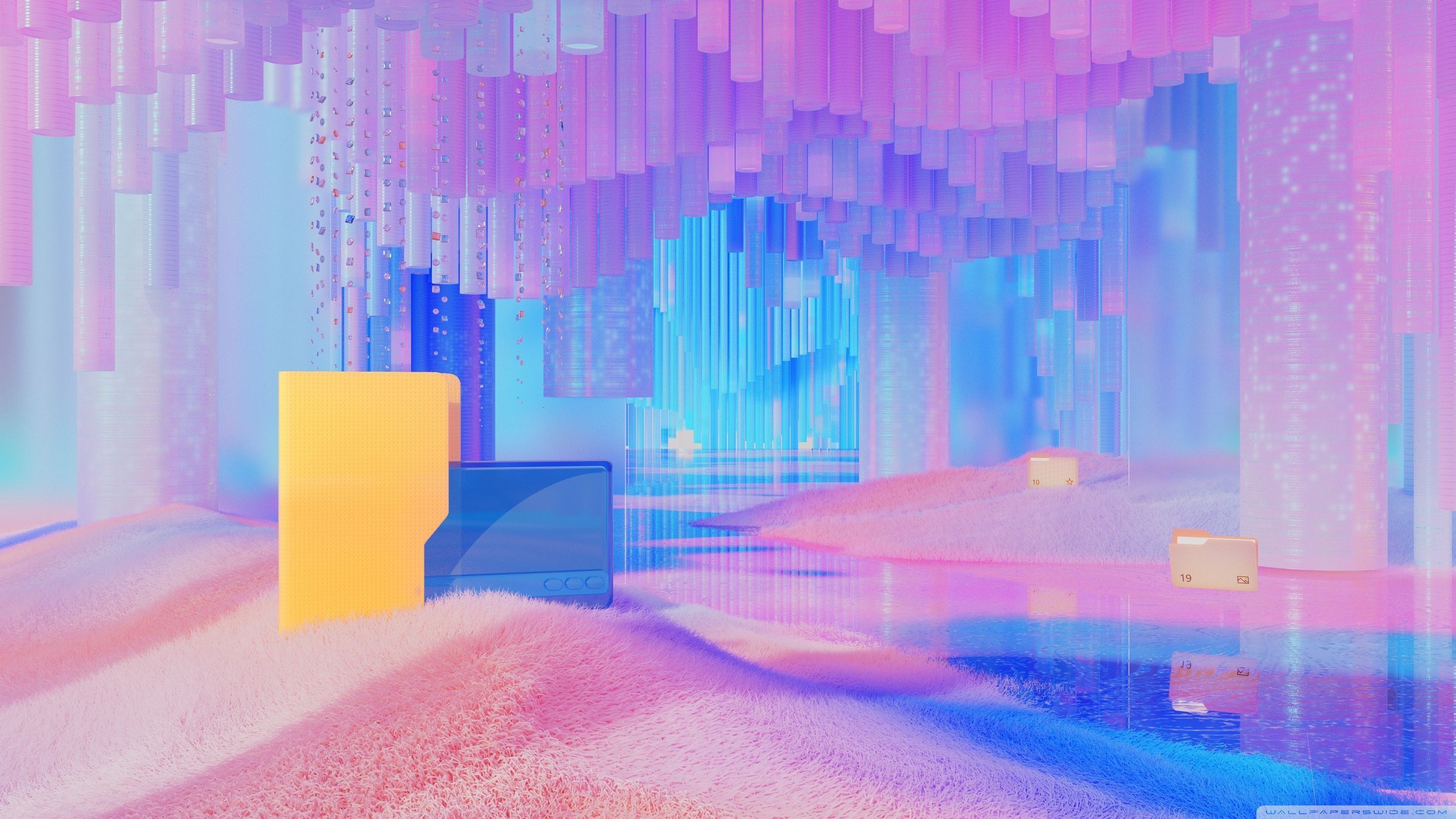 A digital art wallpaper of a pink and blue room with a TV on the left side - Windows 11