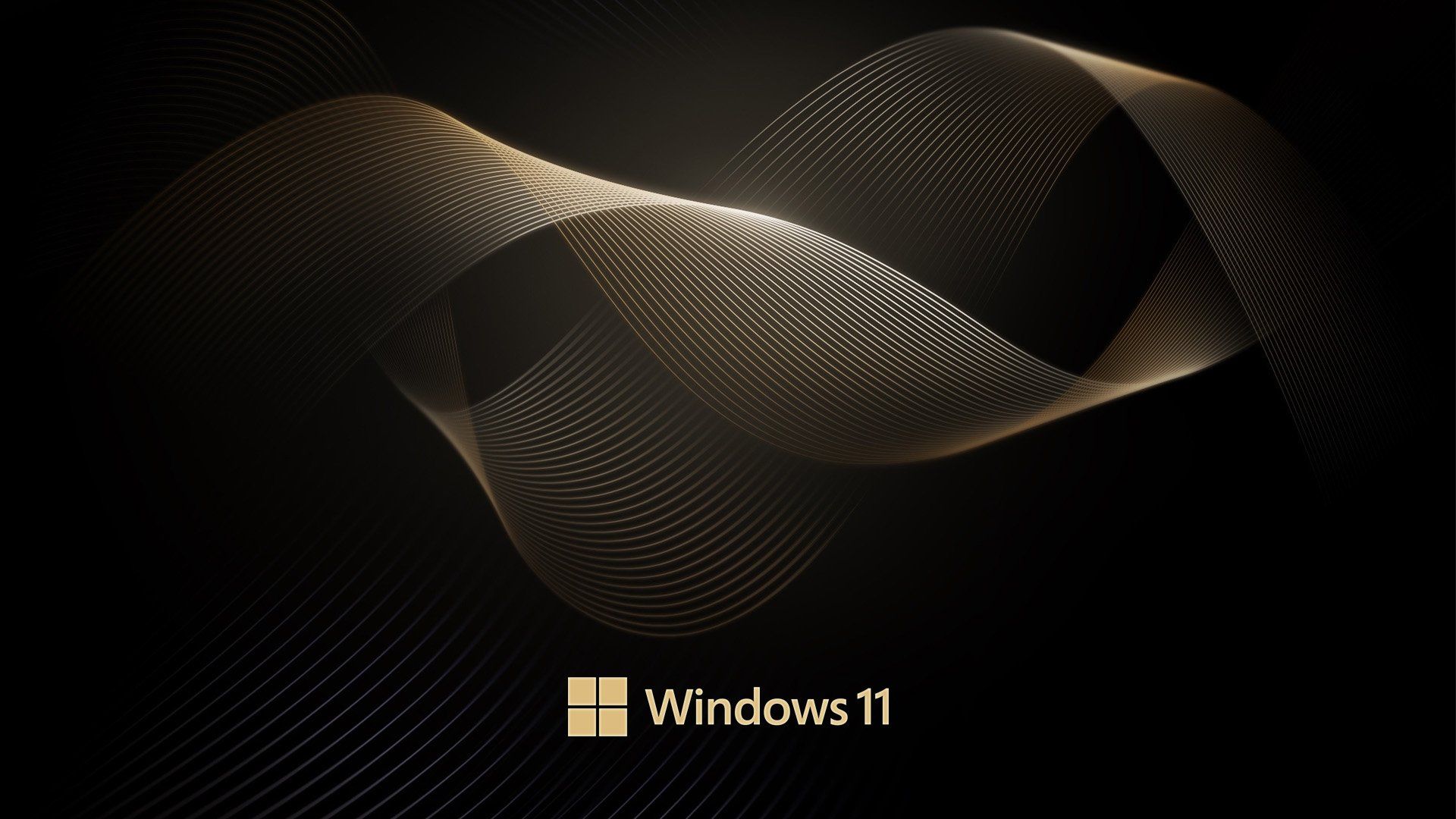 A black background with a gold wave and the Windows 11 logo - Windows 11