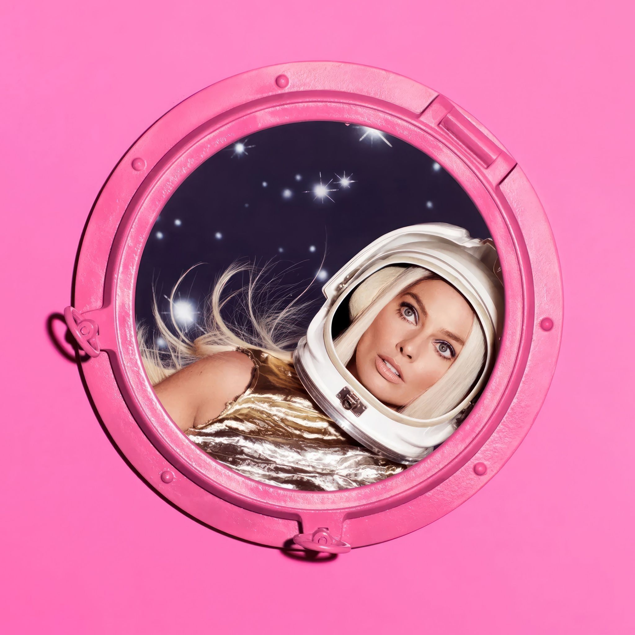 A woman in an astronaut helmet looks out of a round window. - Barbie