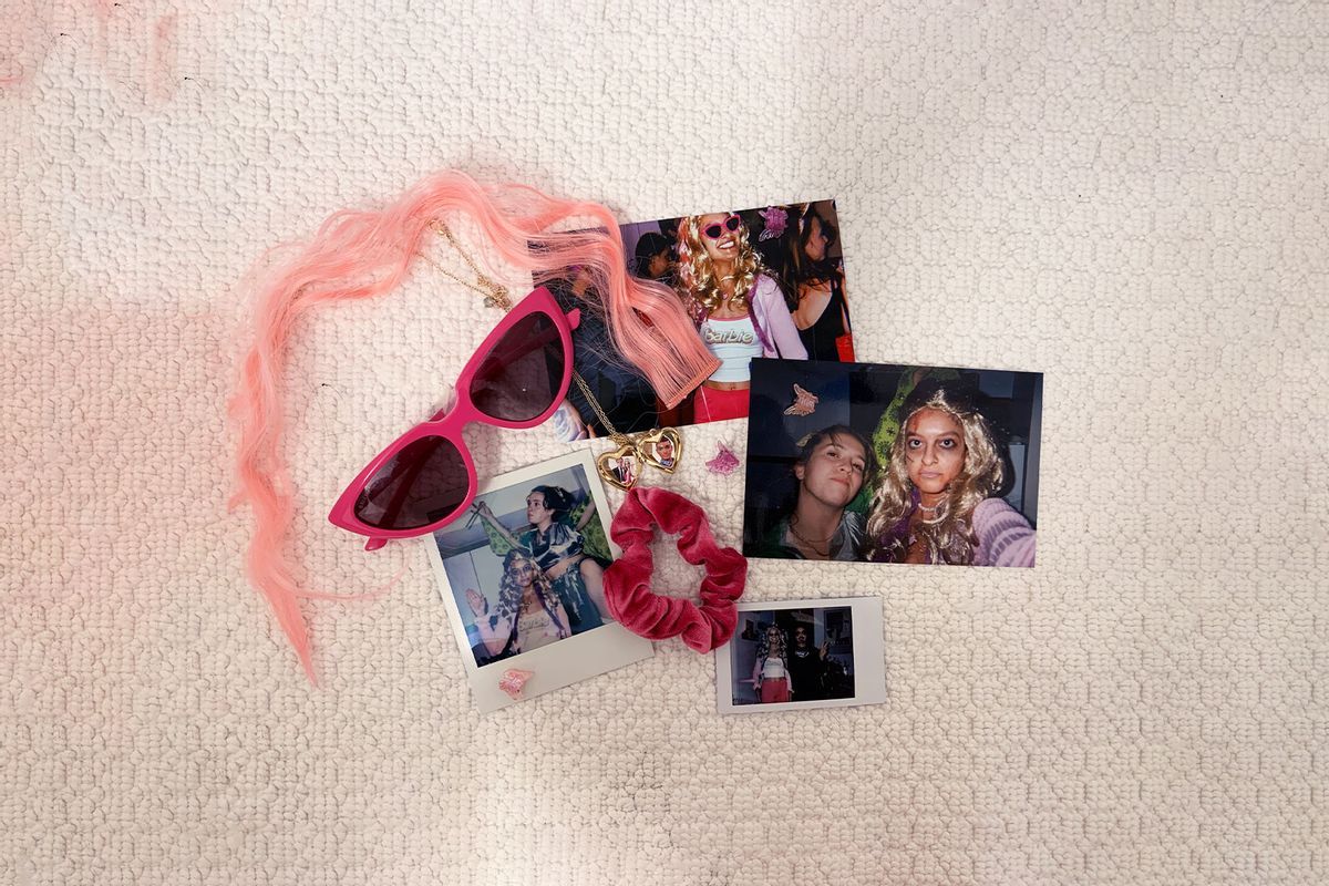 A collection of pink sunglasses, photos, and hair accessories on a white background. - Barbie
