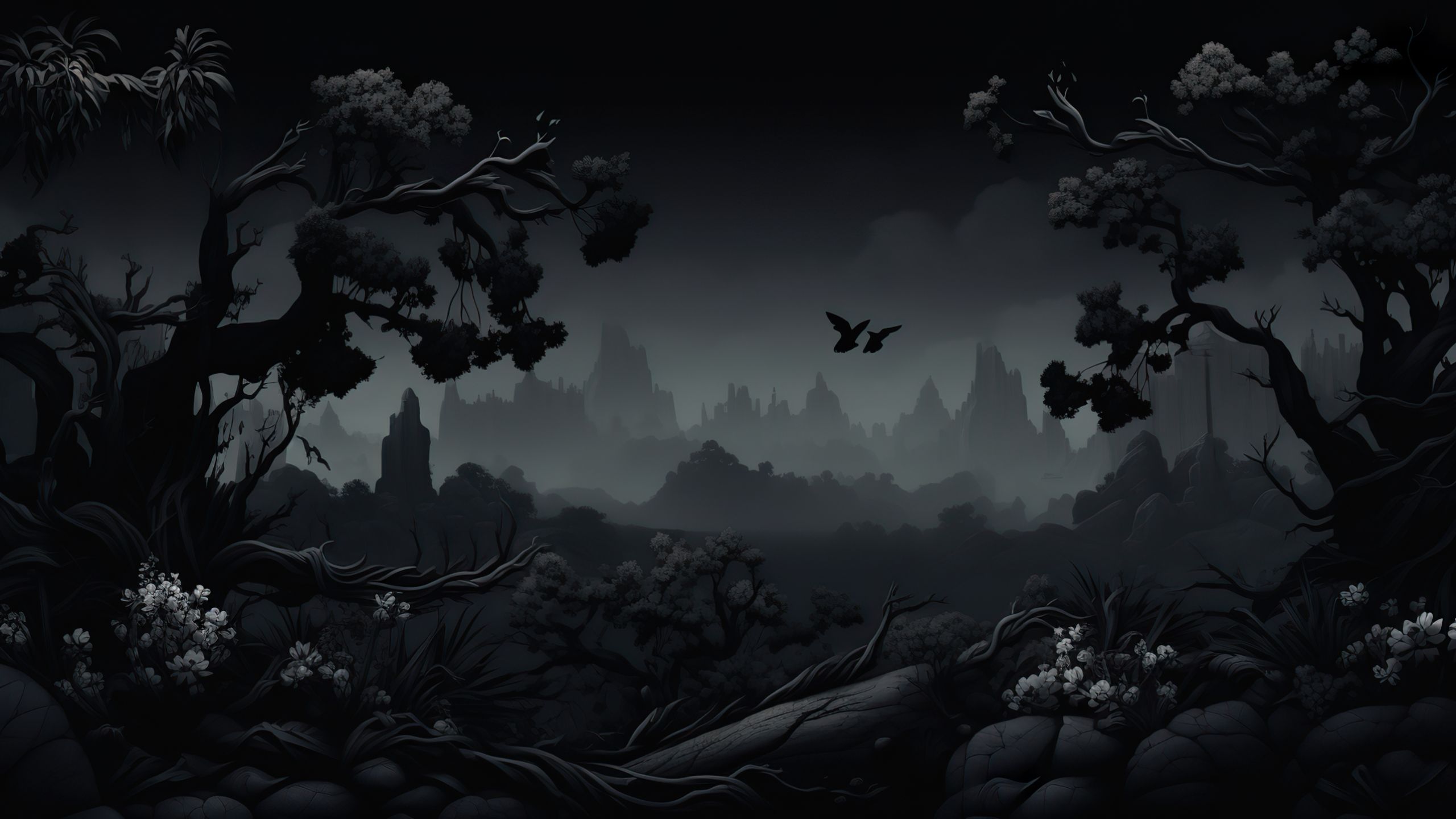 1920x1080 wallpaper the dark forest, trees, birds, castle, night - 2560x1440