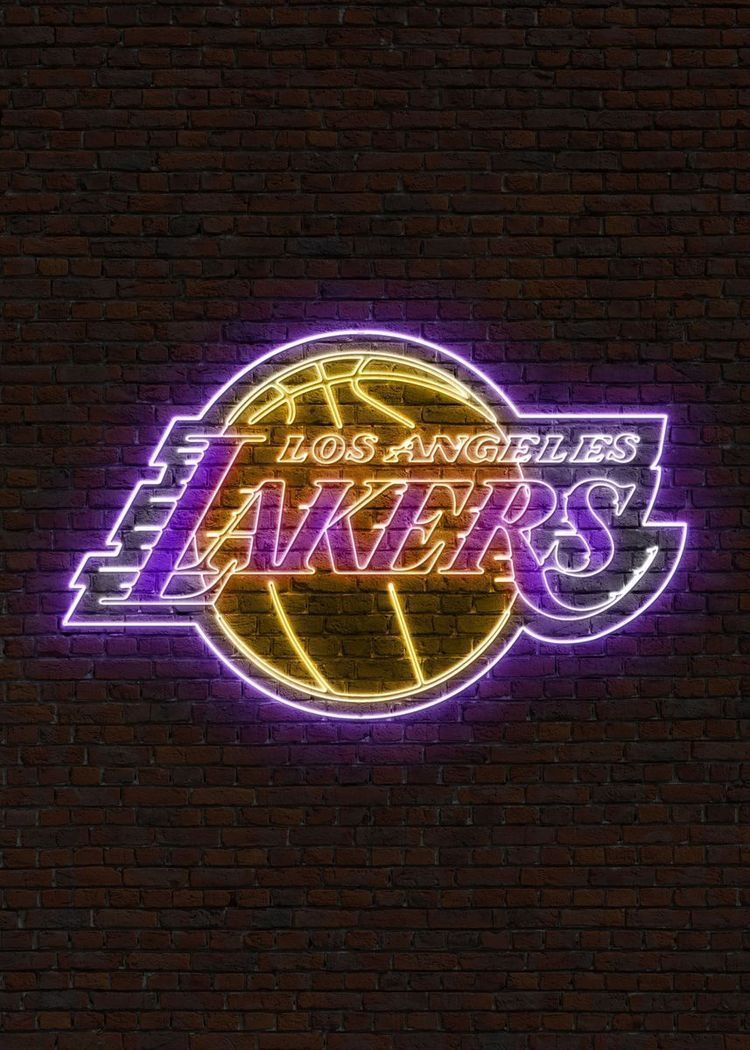 A neon sign of the Los Angeles Lakers logo on a brick wall. - Los Angeles Lakers