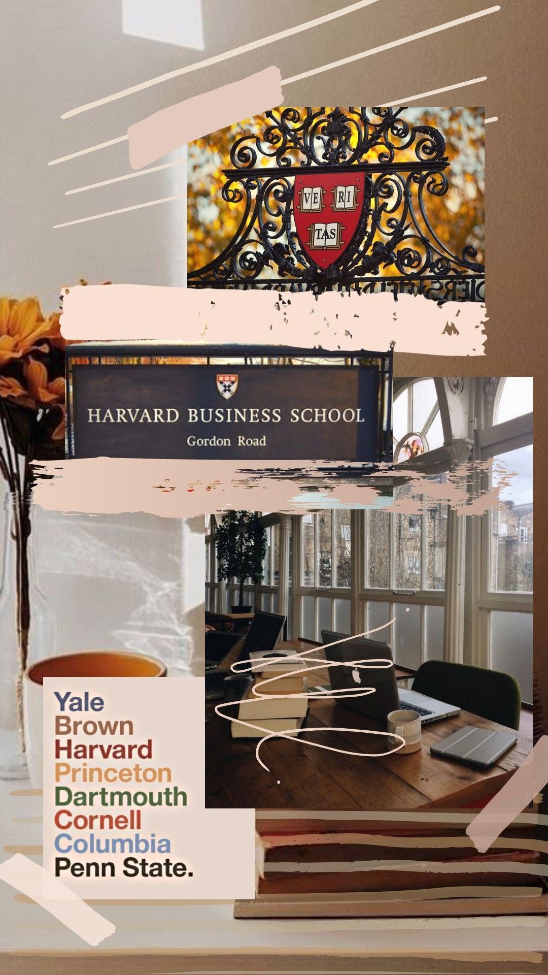 Collage of business school logos and a cup of coffee - Harvard