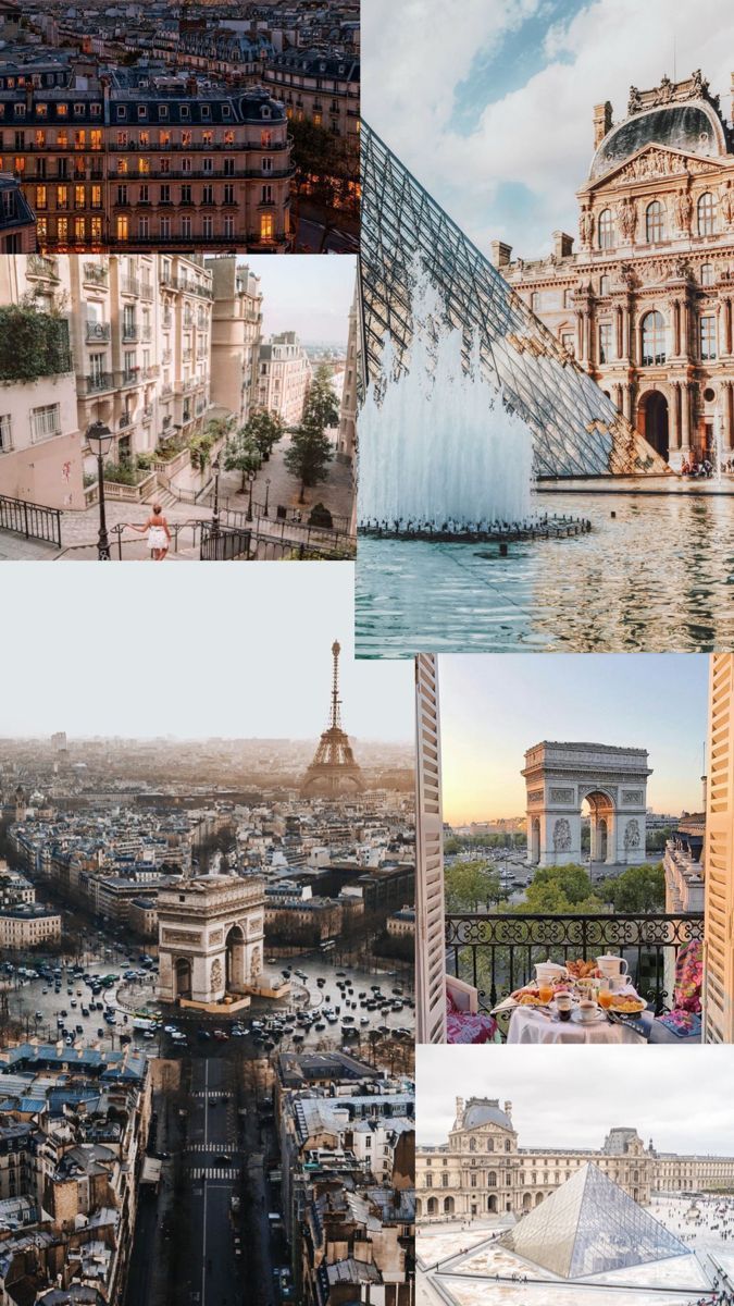 Collage of pictures of Paris including the Louvre, Eiffel Tower, Arc de Triomphe, and a rooftop view of the city - France