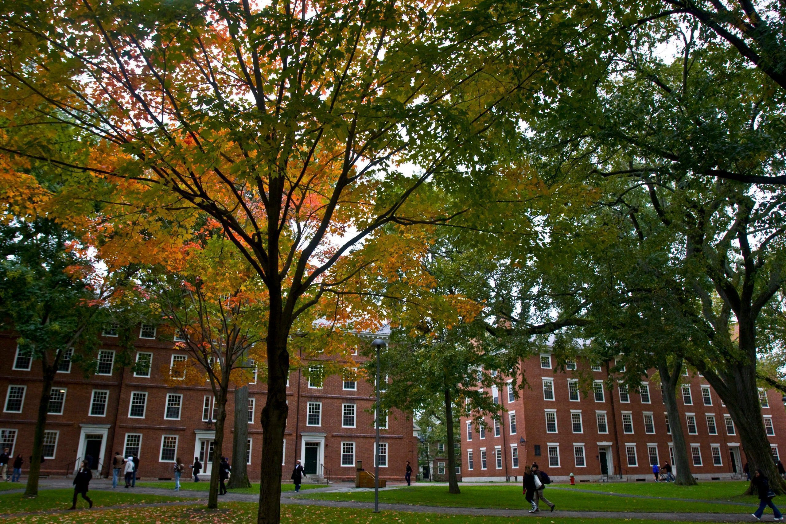 Students walk on the campus of Harvard University in Cambridge, Massachusetts, on Oct. 17, 2013. - Harvard