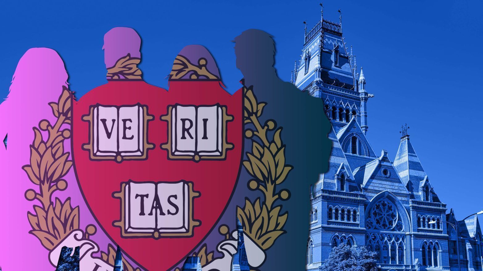 A silhouette of a man and woman in front of a Harvard crest and a college building. - Harvard