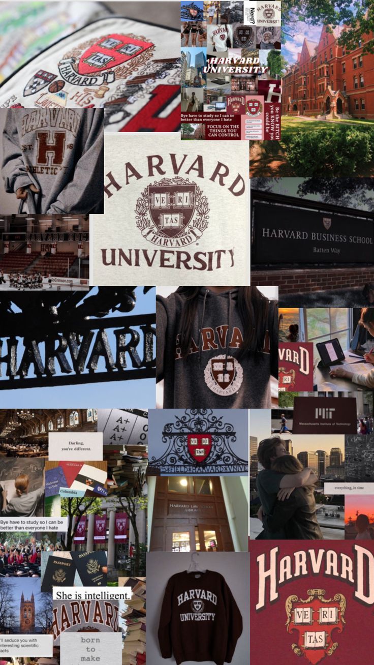 A collage of Harvard University images including its logo, campus, and merchandise. - Harvard