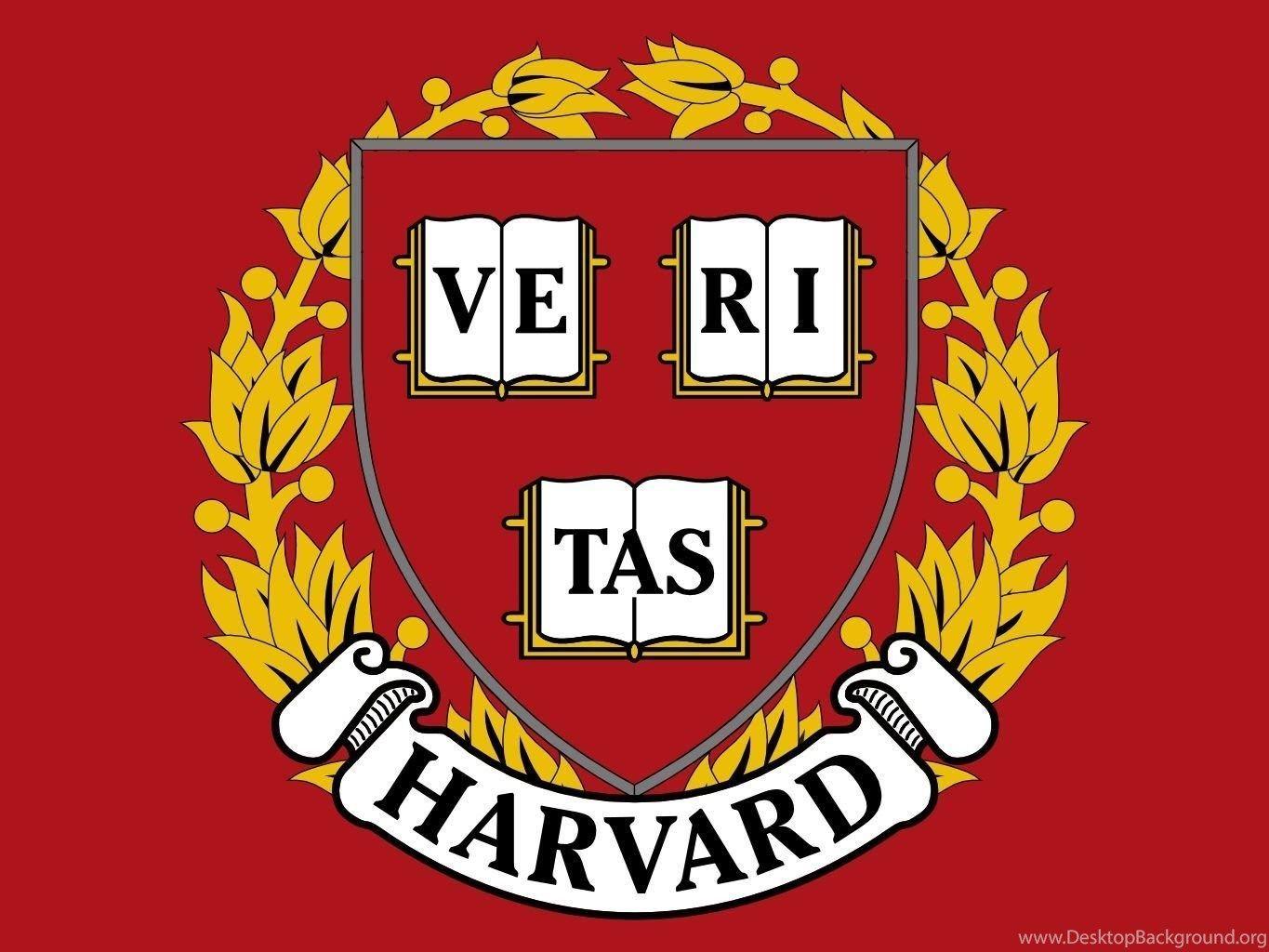 The logo of Harvard University with a red background and gold laurels. The shield has three books and the words 'VERITAS' and 'HARVARD' written below them. - Harvard