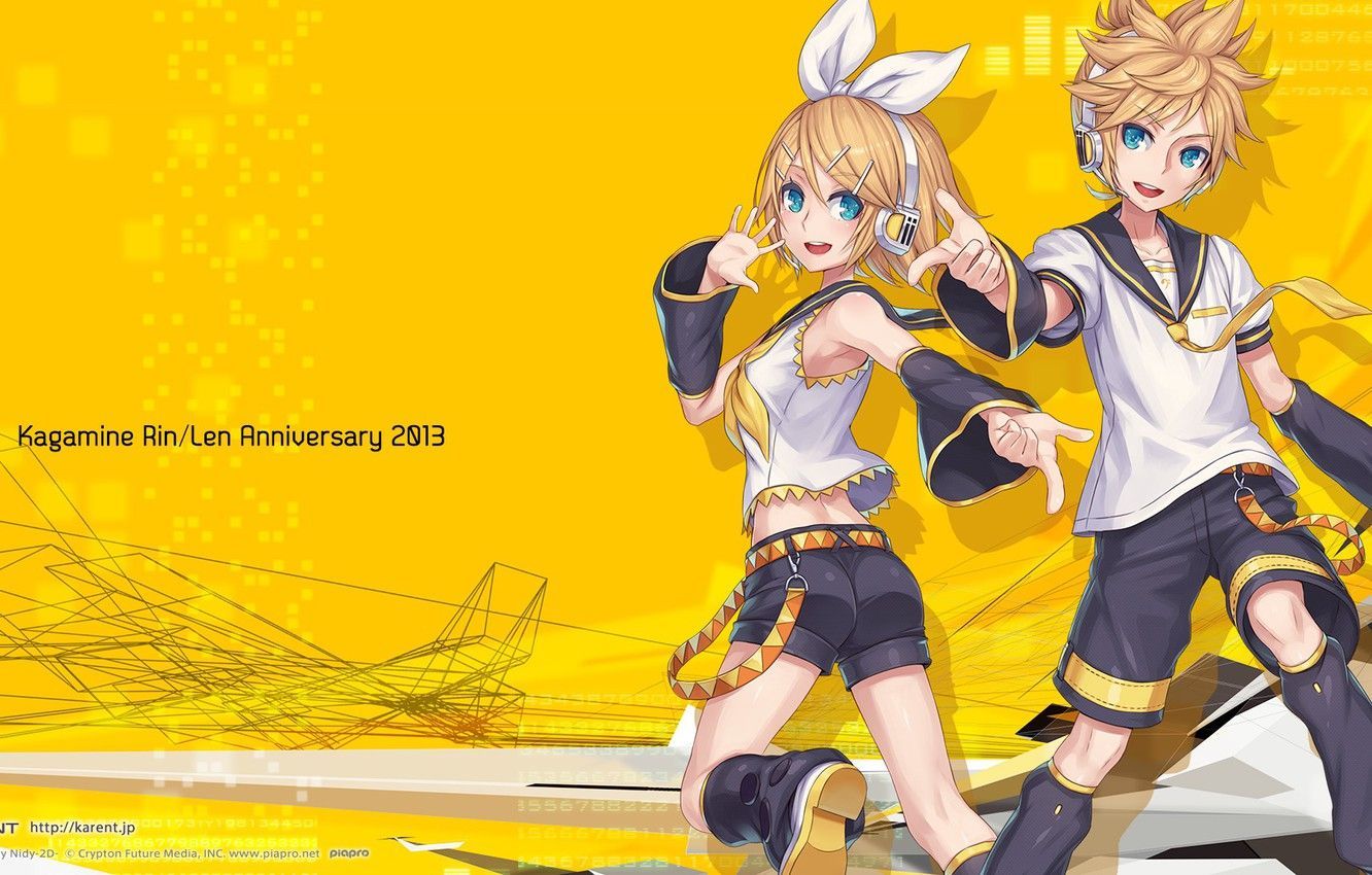 Kagamine Rin and Len wallpaper. I think this is a wallpaper for Kagamine Rin and Len's 2nd anniversary. I'm not sure if it's for Vocaloid or not. - 