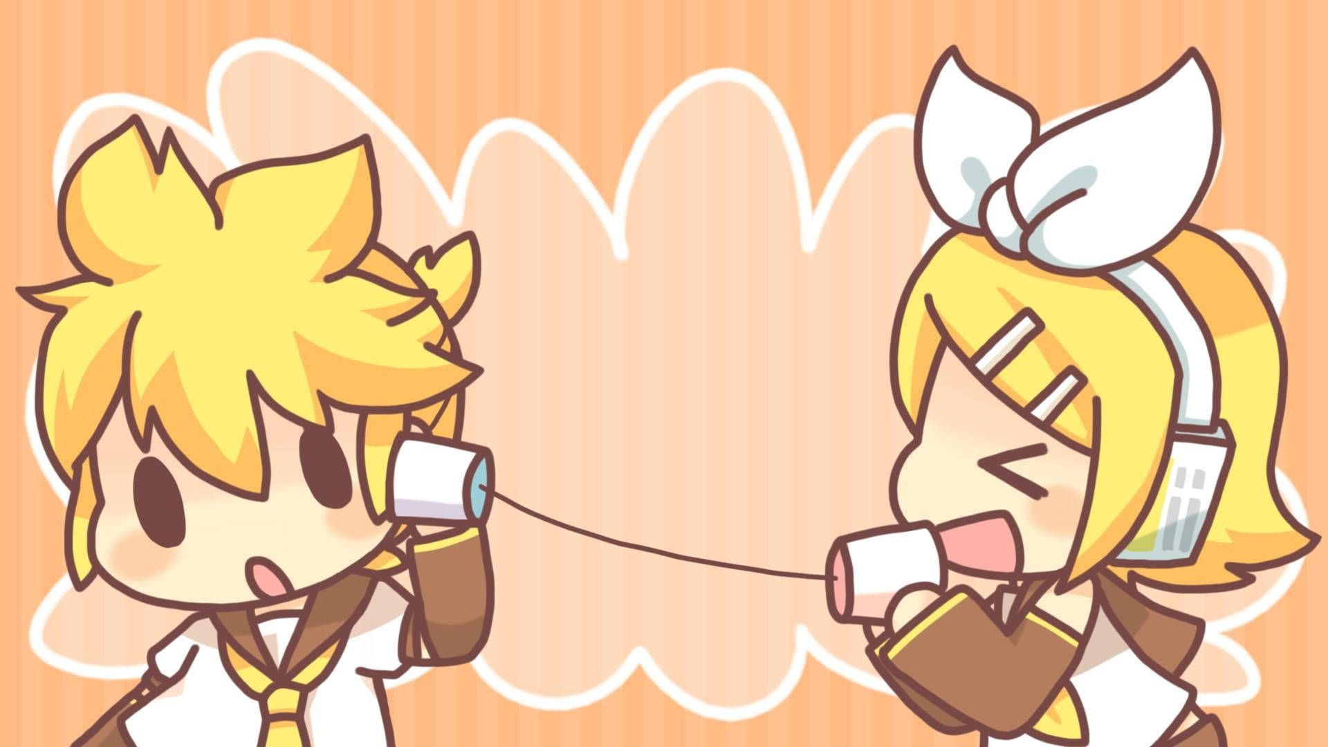 Kagamine Len and Rin are using a paper phone to talk to each other. - 