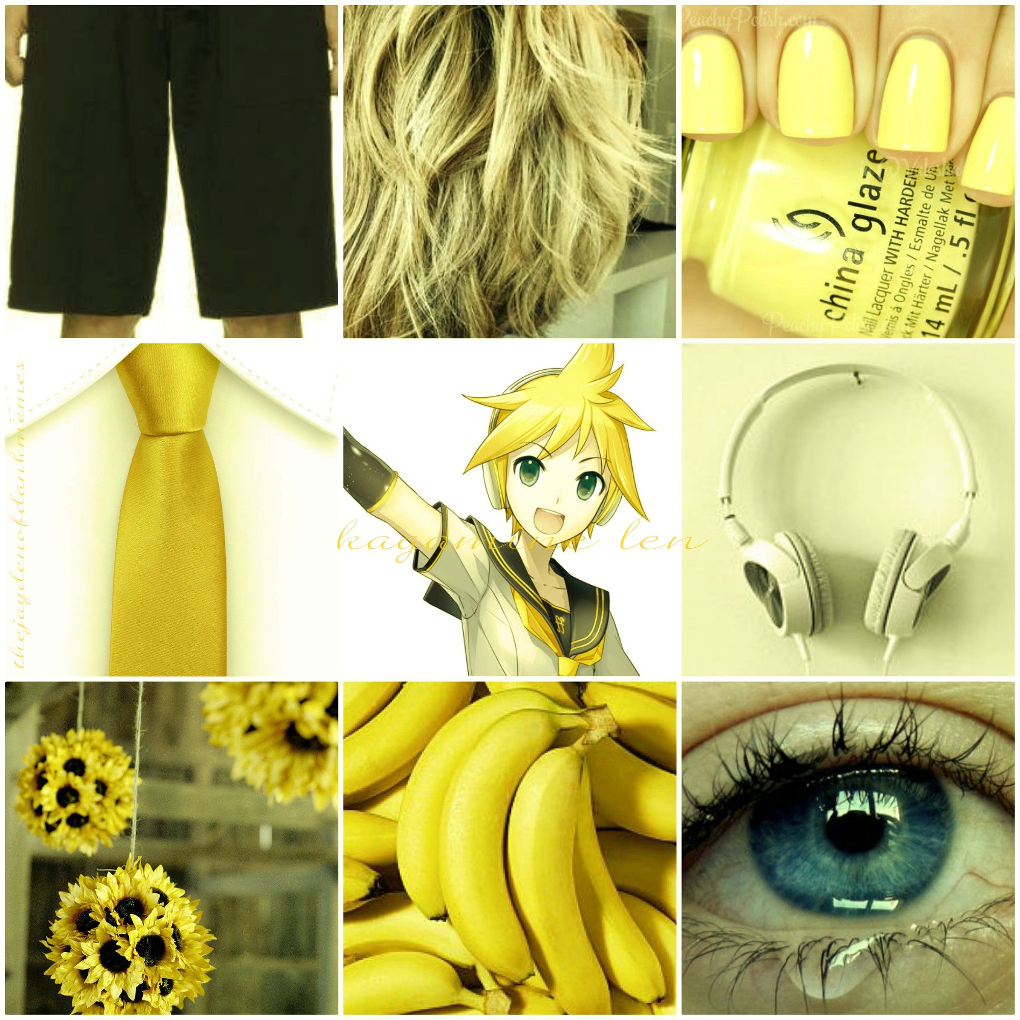 A collage of yellow images including bananas, a tie, a yellow nail polish bottle, a pair of headphones, and an eye with yellow pupils. - 