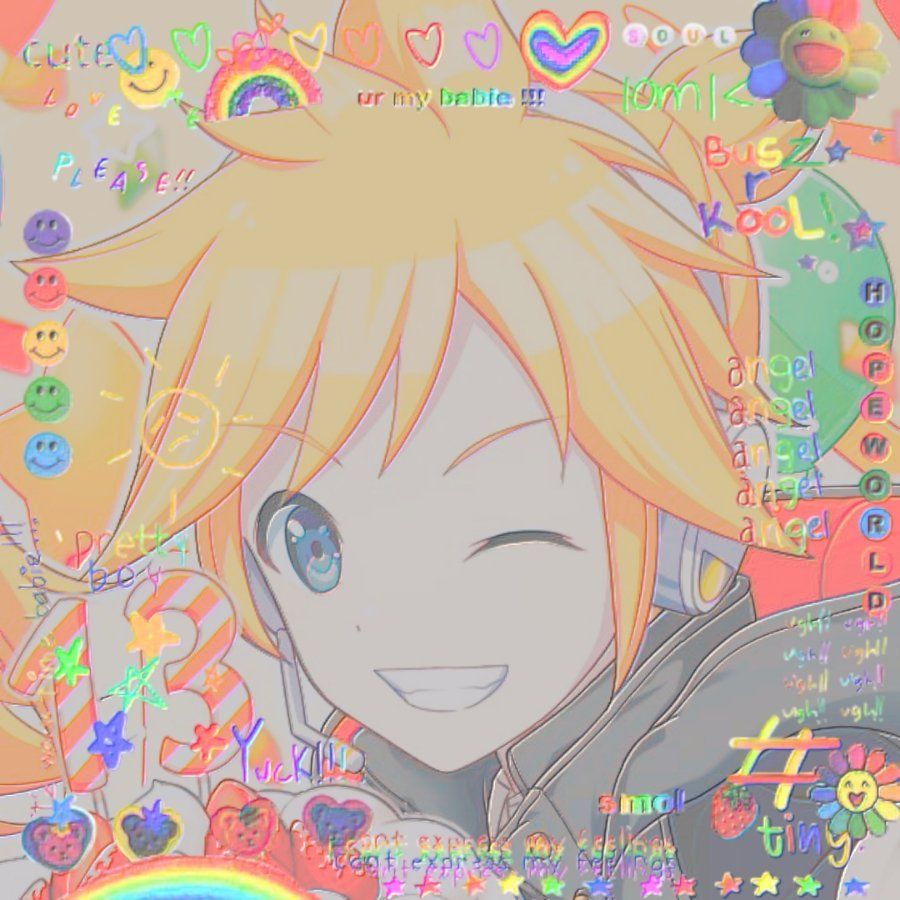 A colorful edit of a blonde anime boy surrounded by hearts, rainbows, and smiley faces. - 