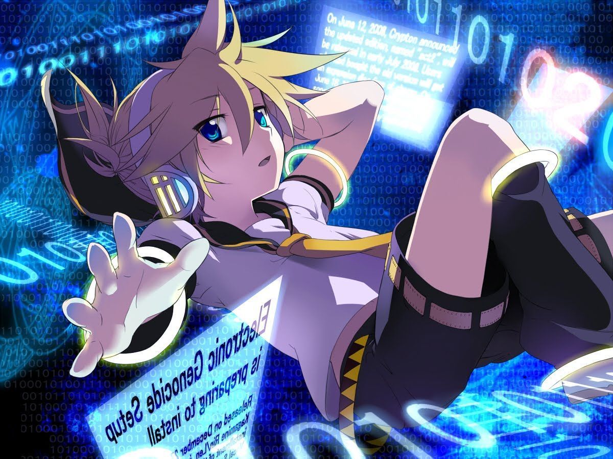 Rin from Vocaloid laying on her back with a binary background - 