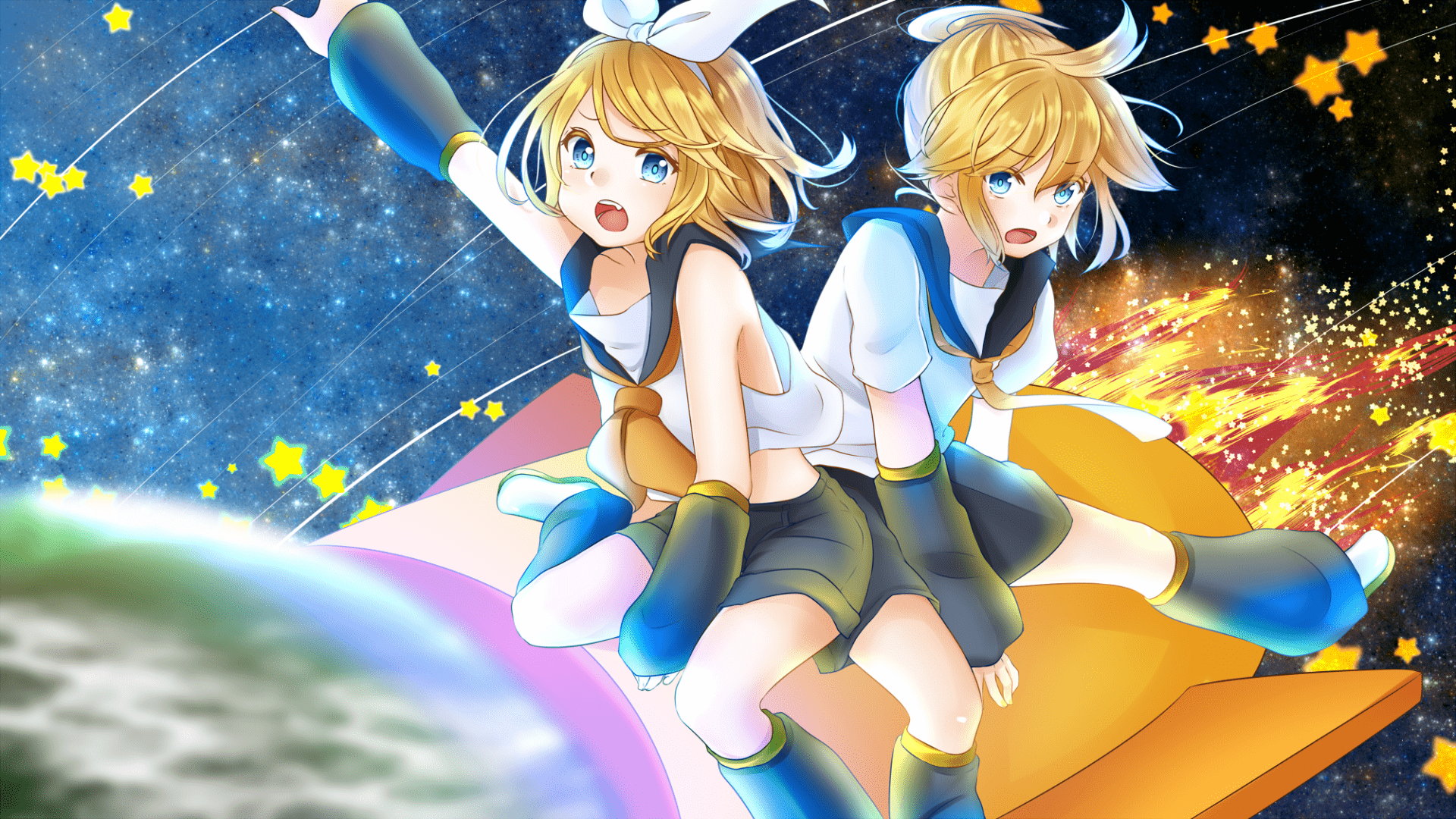 Kagamine Rin and Len are twin vocaloids from Japan. They are riding a rocket ship through space. - 