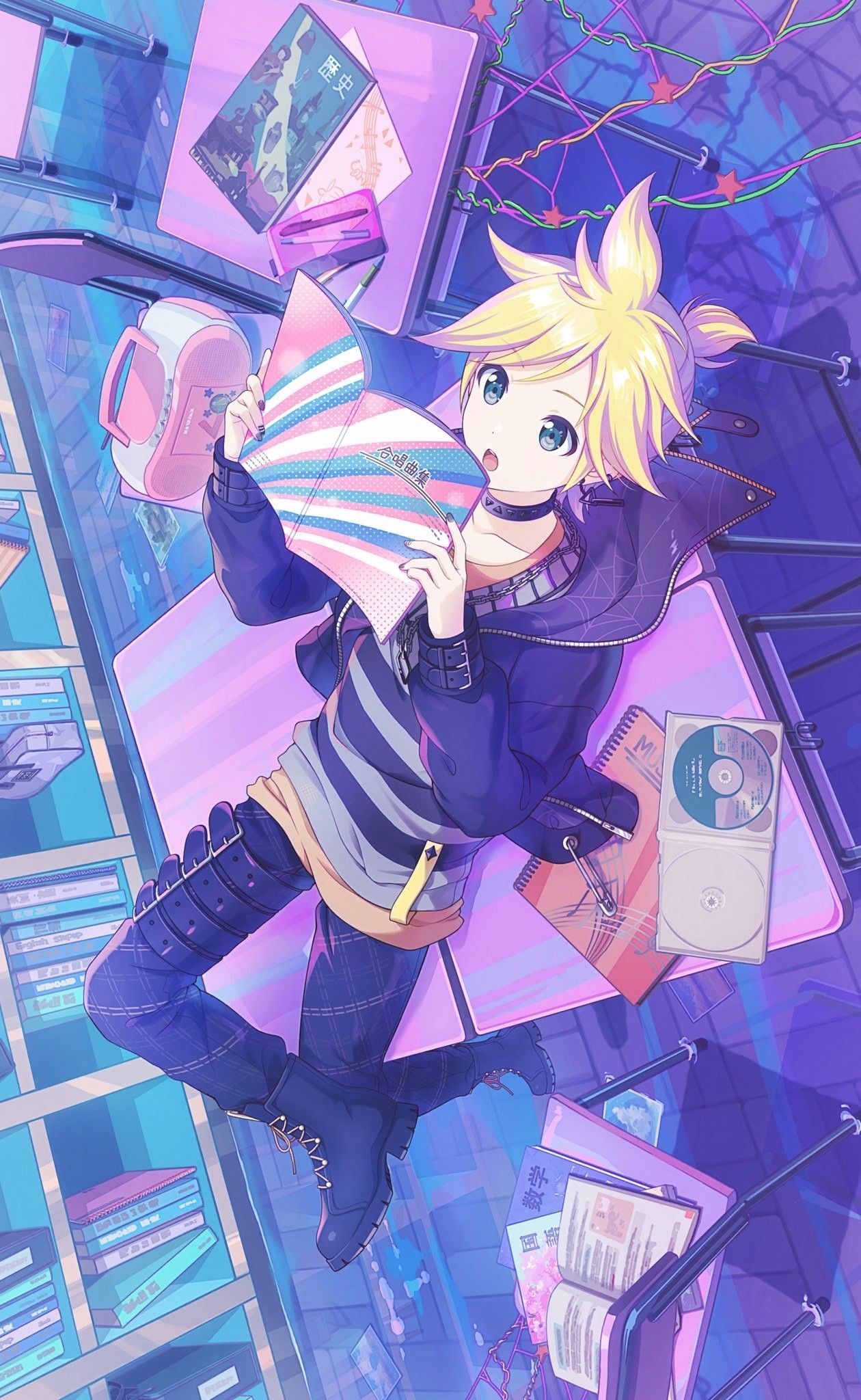 Anime girl with blonde hair holding a pink book in a purple room - 