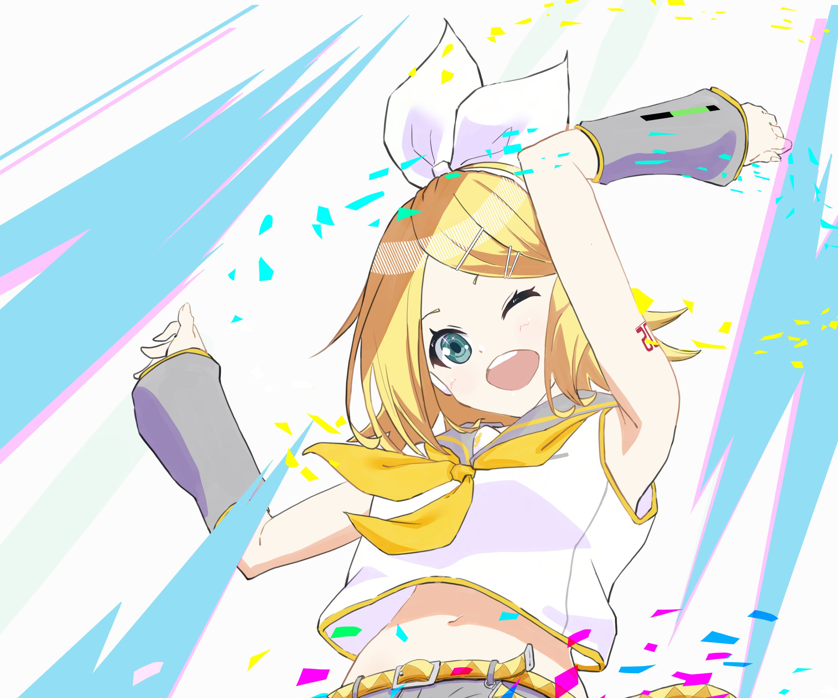 Kagamine Rin with a microphone and a winking expression - 