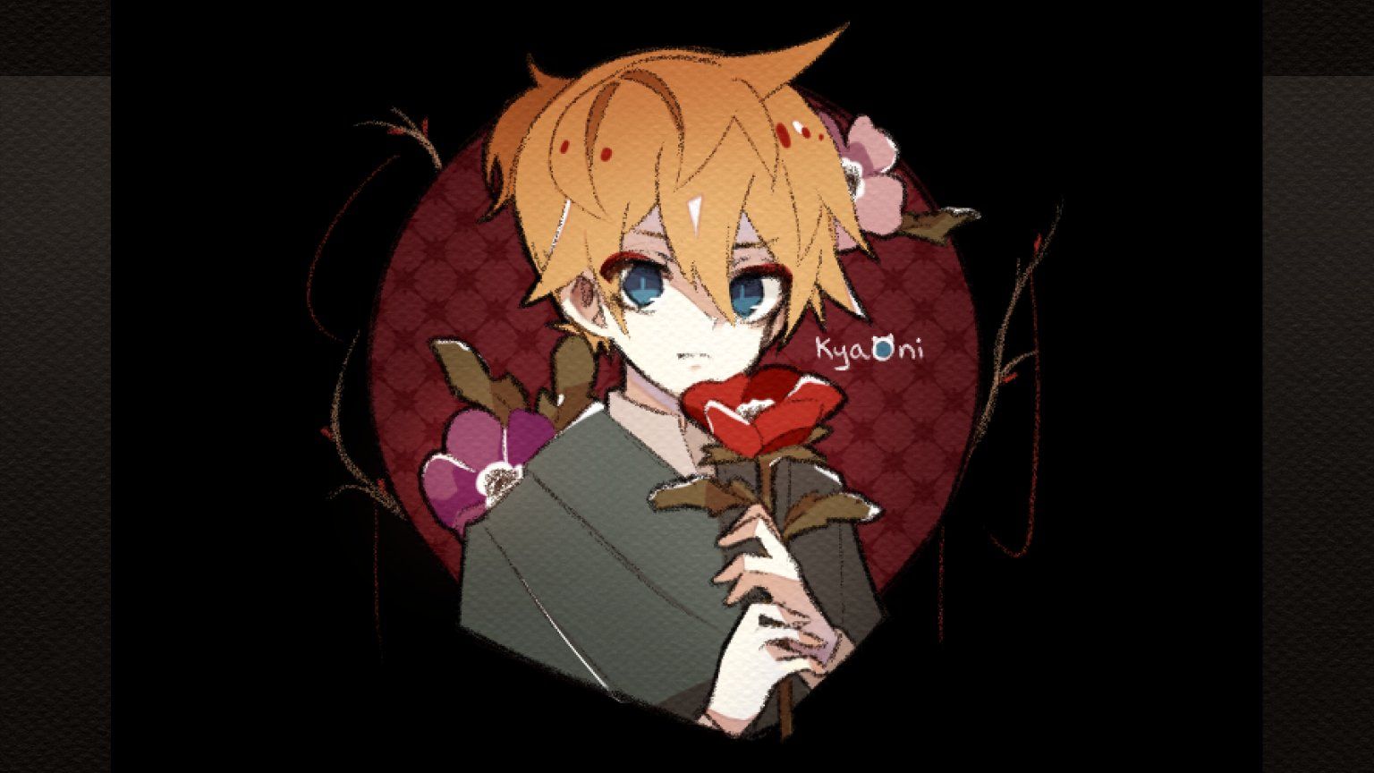 A blonde anime boy with blue eyes holding a red rose - 
