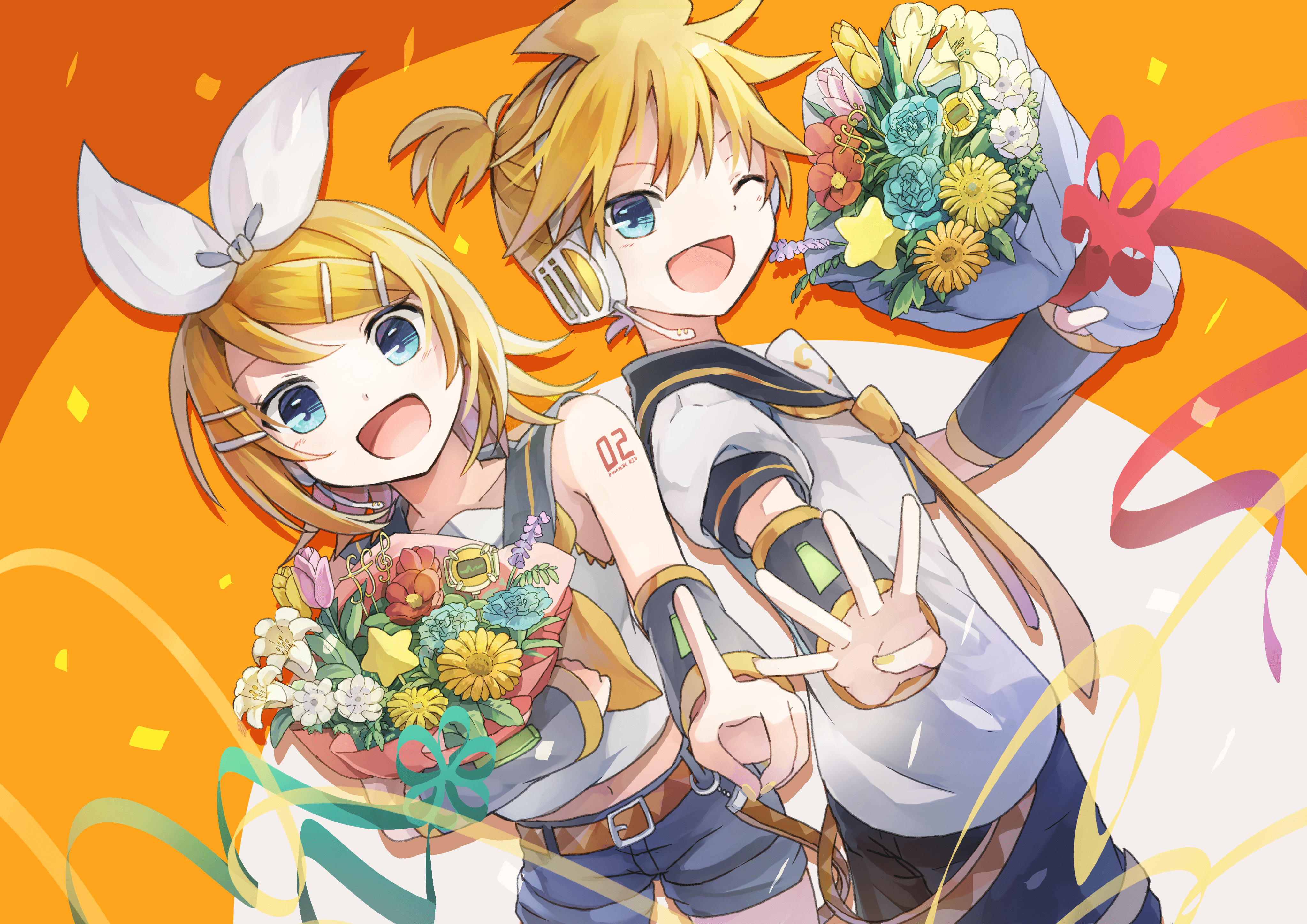 Kagamine Rin and Len holding flowers and giving a peace sign - 