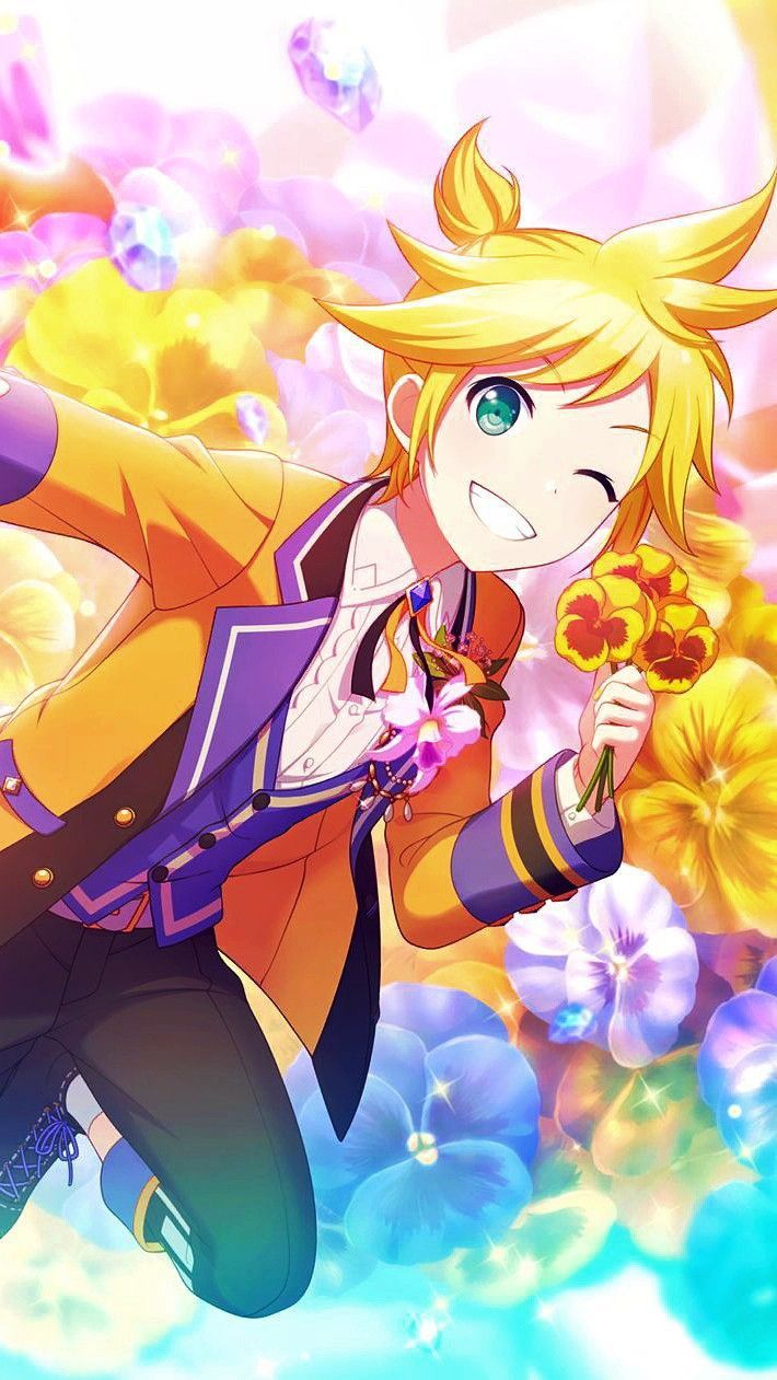 Anime boy with blonde hair holding flowers in a field of flowers - 