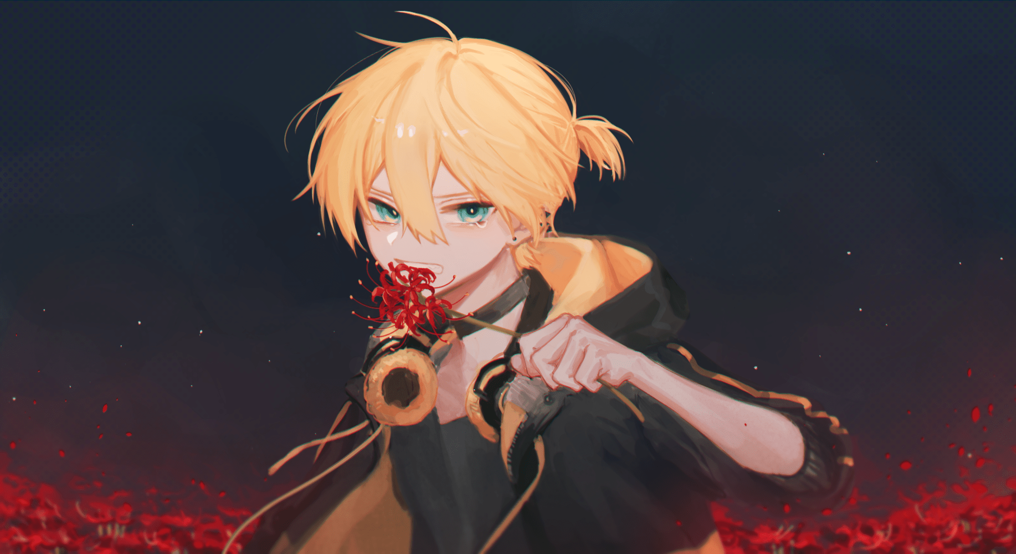 Anime wallpaper of a male anime character with blonde hair and blue eyes holding a flower in his mouth - 