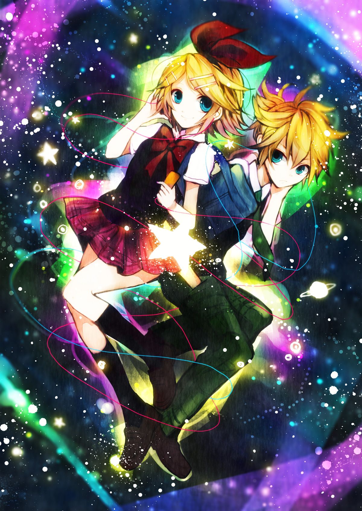 Two blonde twin girls with blue eyes, one dressed in a school uniform and the other in a dress, float in space with a colorful nebula behind them - 