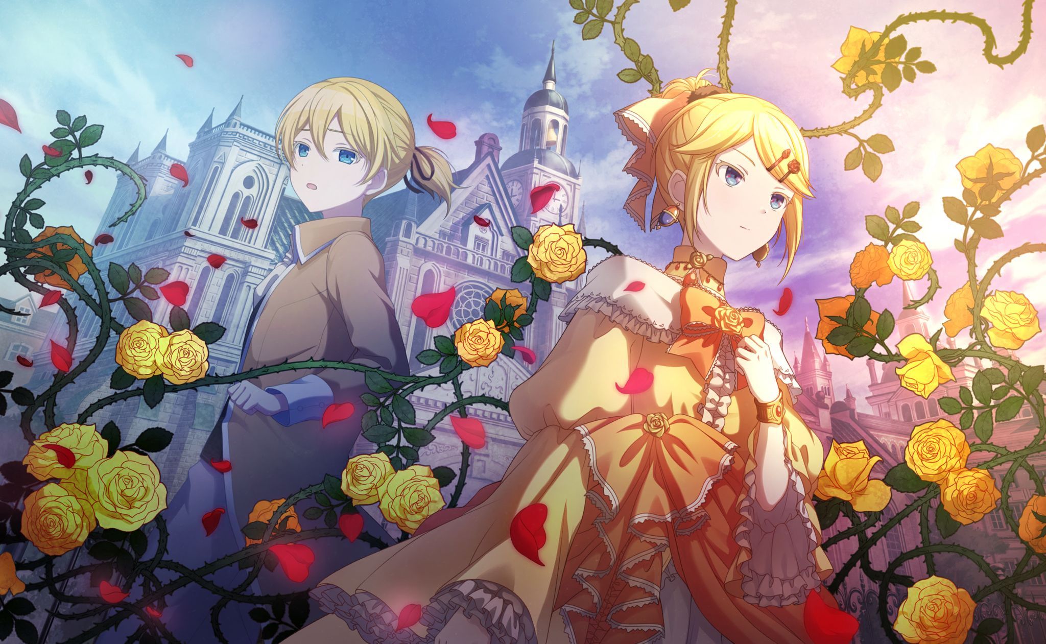 2 anime girls with blonde hair, one with blue eyes and the other with brown eyes, standing in front of a castle with yellow roses and red rose petals. - 