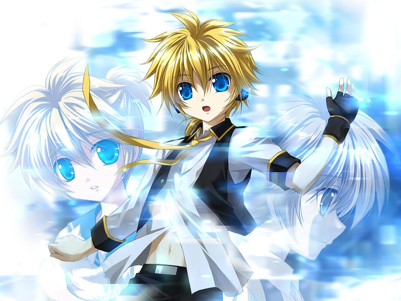 Anime boy with blonde hair and blue eyes with a girl with white hair and blue eyes - 