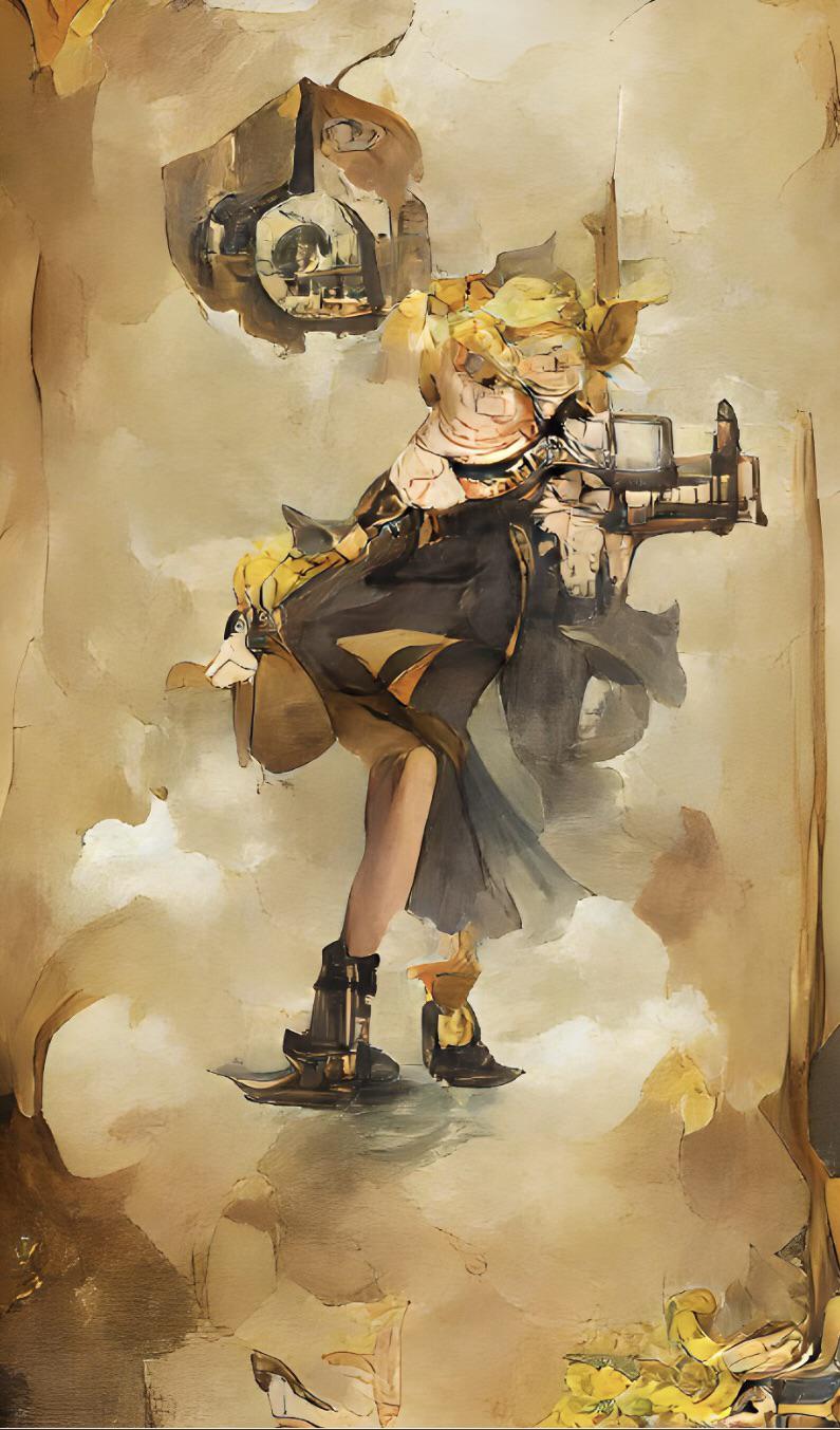 An illustration of a young girl with blonde hair and a black dress, standing on a cloud and holding a clock. - 
