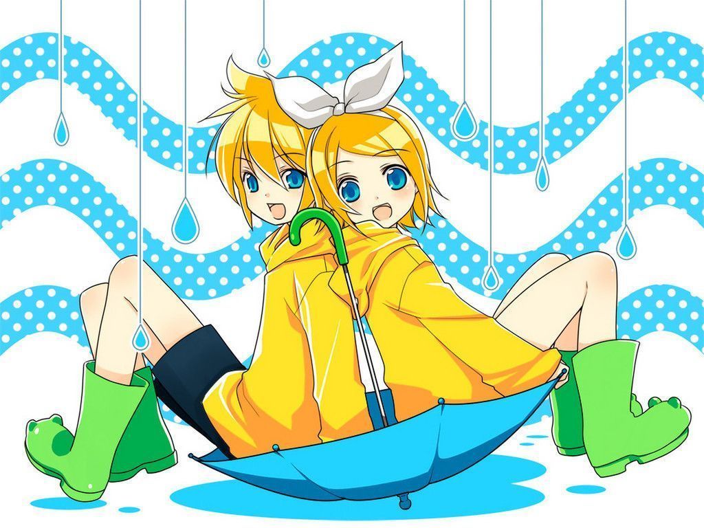 Kagamine Rin and Len sitting on an umbrella in the rain - 