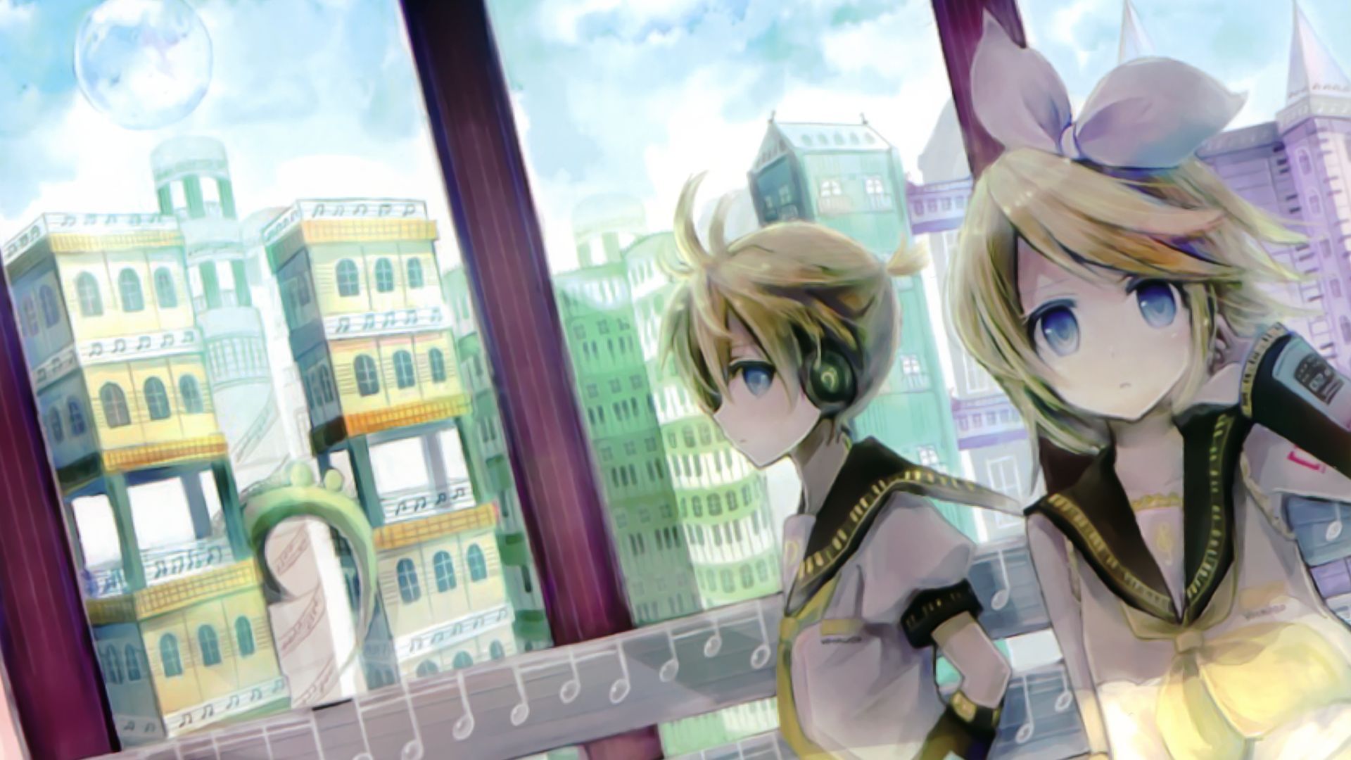 Kagamine Rin and Len looking out the window at the city. - 