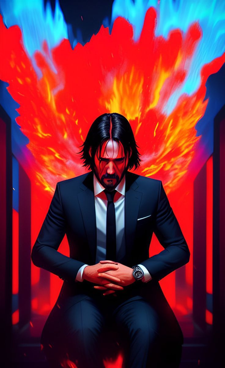 Keanu Reeves as John Wick, with a red and blue fire hydrant behind him - John Wick