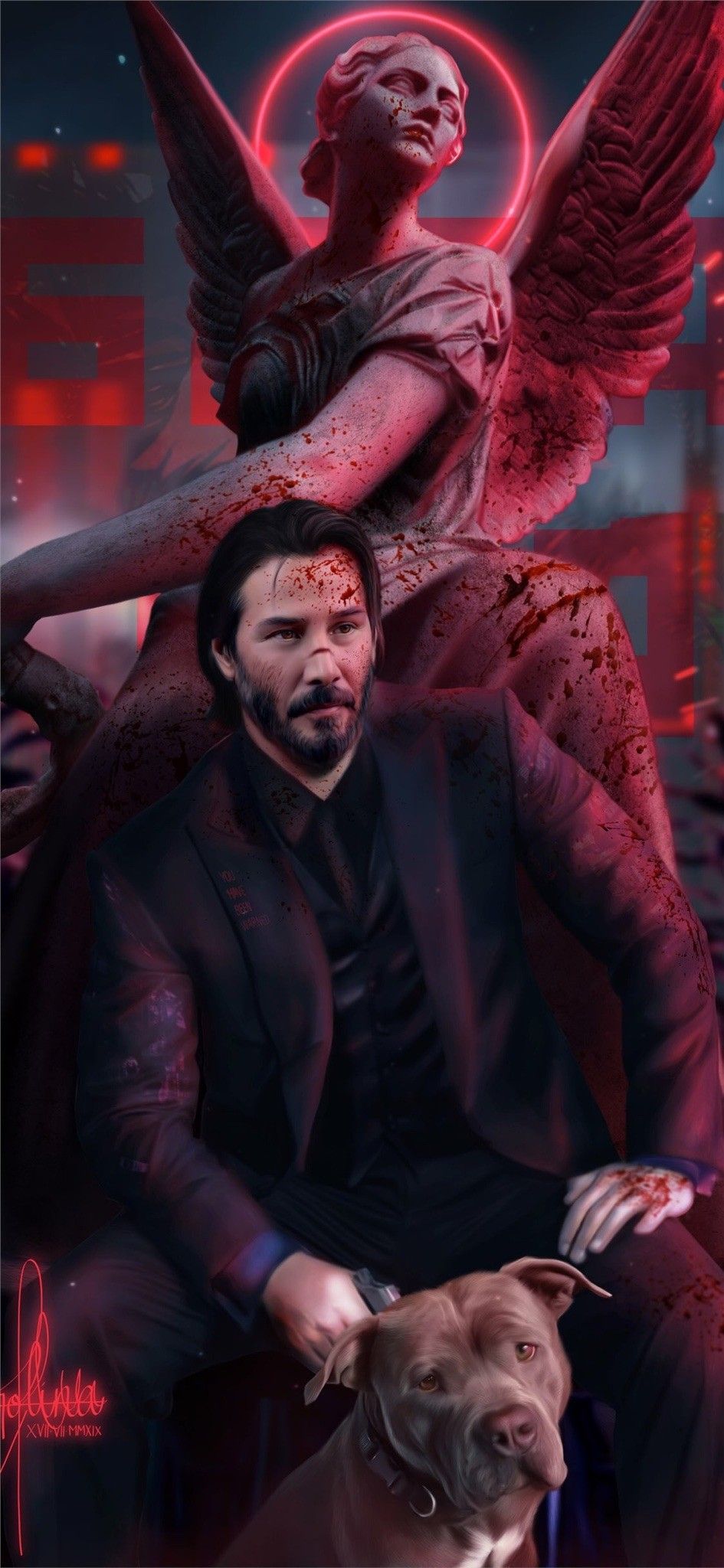 Keanu Reeves as John Wick with his dog in a red neon art. - John Wick