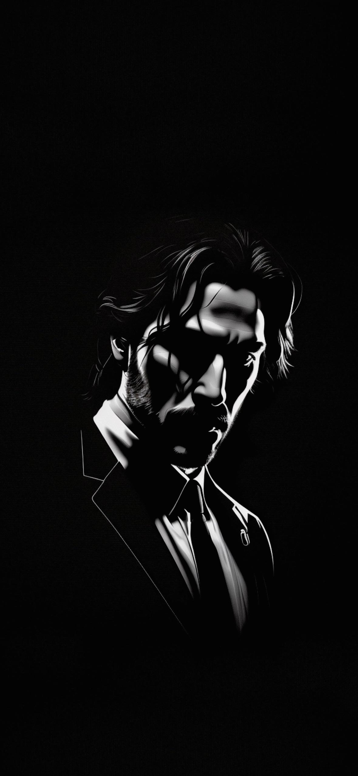 Black and white illustration of John Wick with his iconic beard and suit. - John Wick