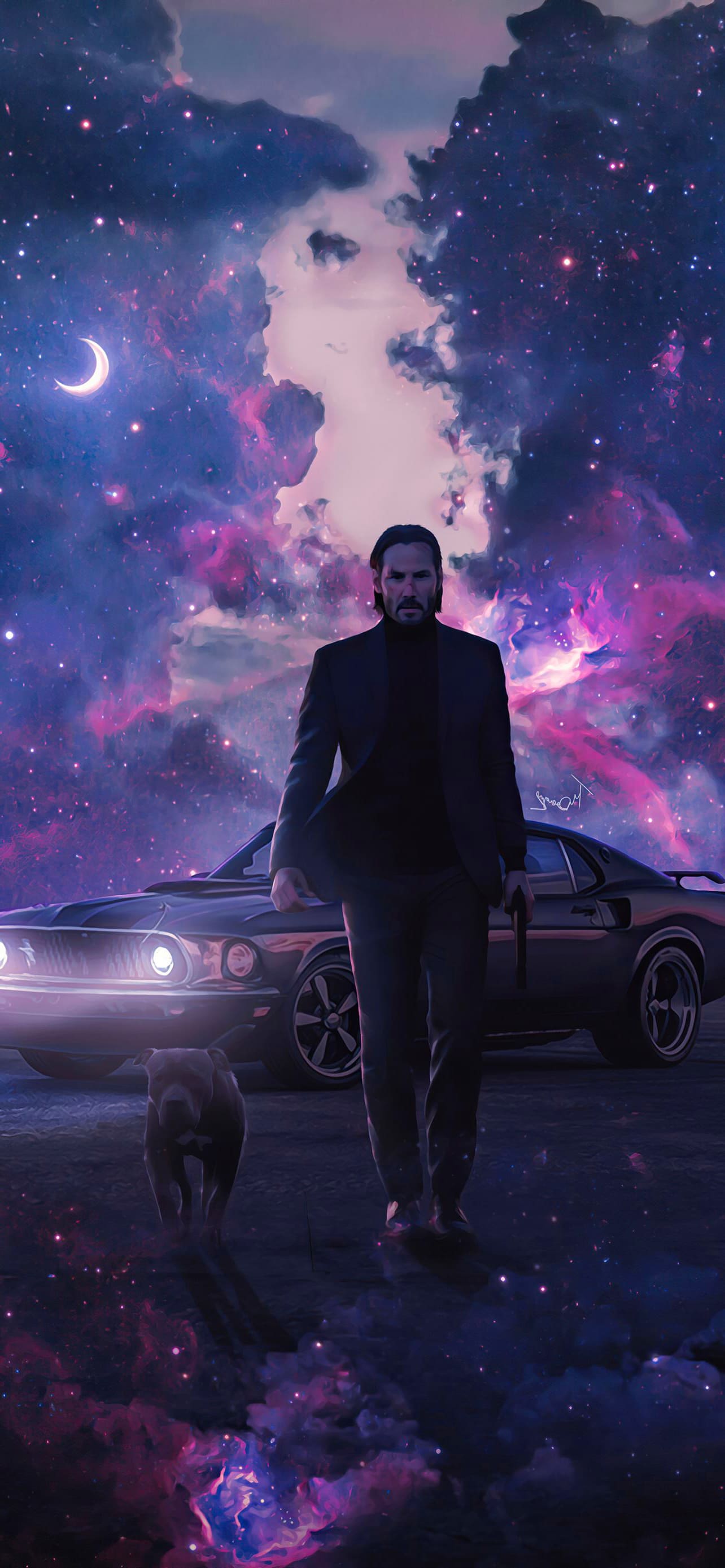 Wallpaper of John Wick walking with his dog and car in the background - John Wick