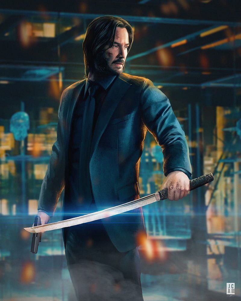 Keanu Reeves as John Wick holding a sword and a gun in his hands - John Wick