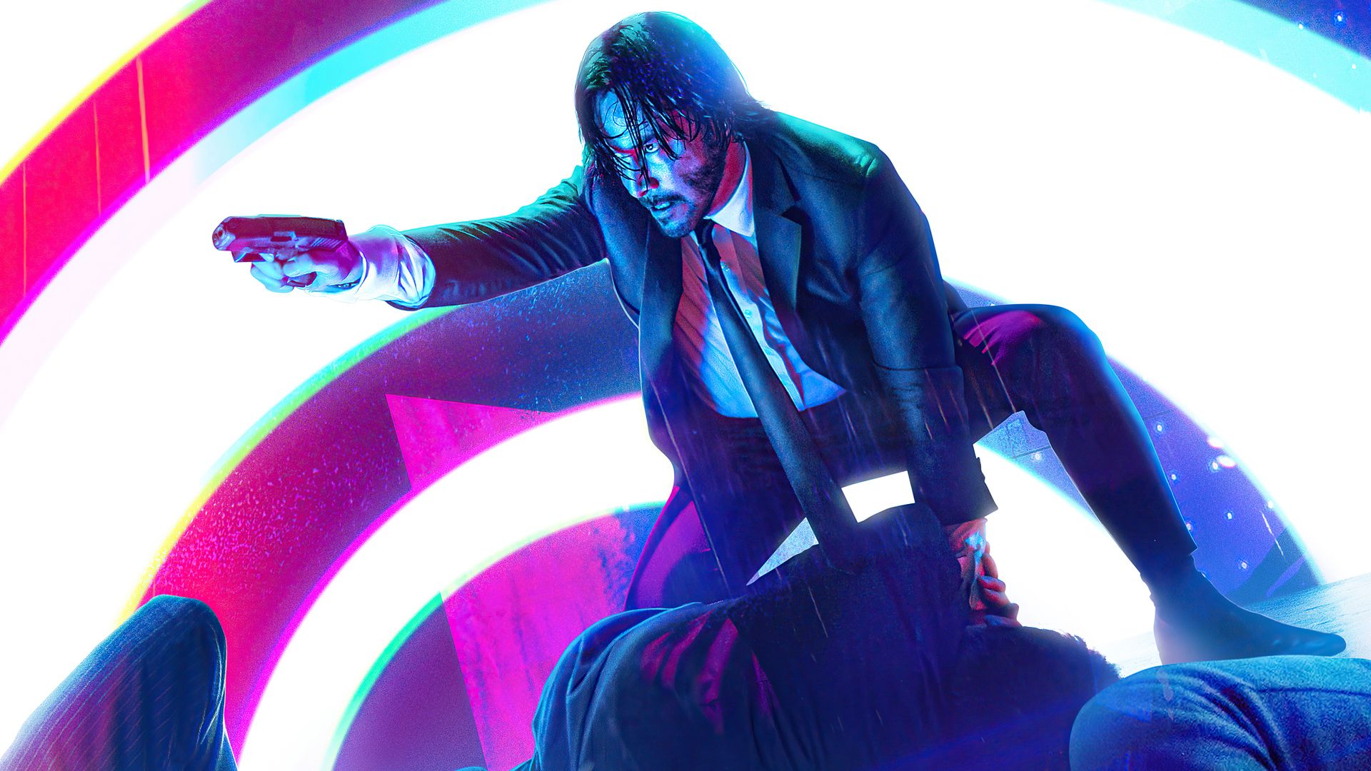 John Wick holding a gun and sitting on a man's shoulders - John Wick